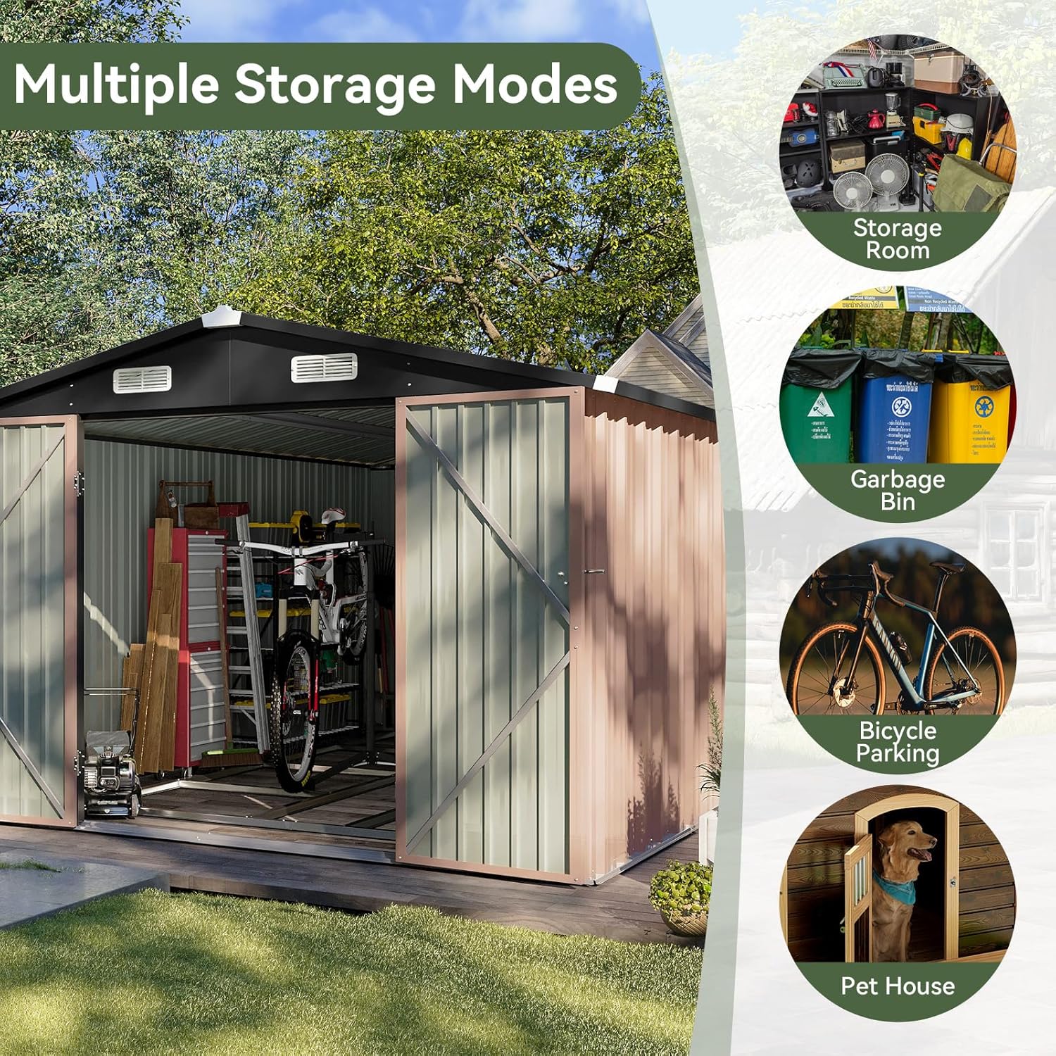 Aoxun 12x10 FT Shed Metal Outdoor Waterproof Storage Shed Steel Utility Garden Tool Shed with Door & Lock Outdoor Storage for Garden Patio Lawn Poolside, Brown wourant