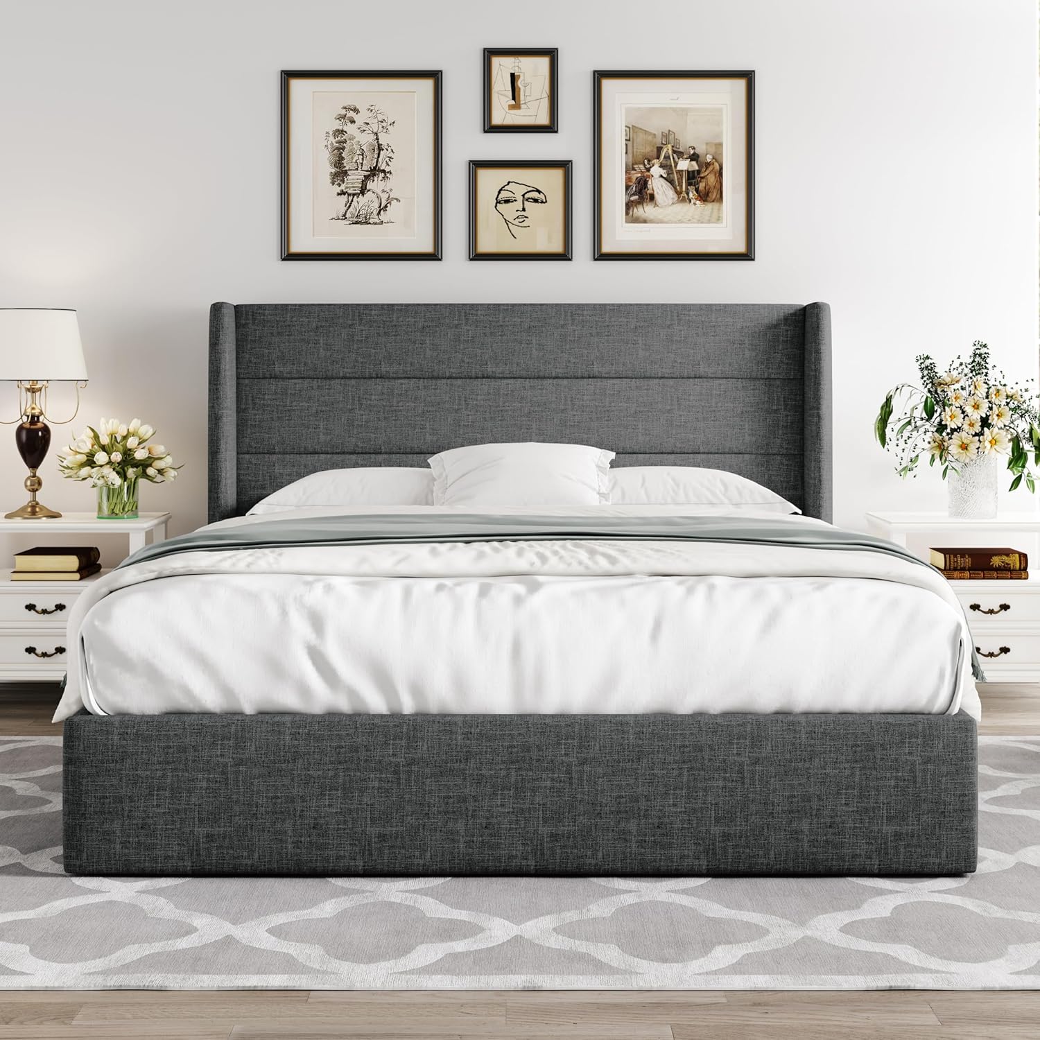 Allewie Queen Size Lift Up Storage Bed Modern Wingback Headboard Hydraulic Support wourant