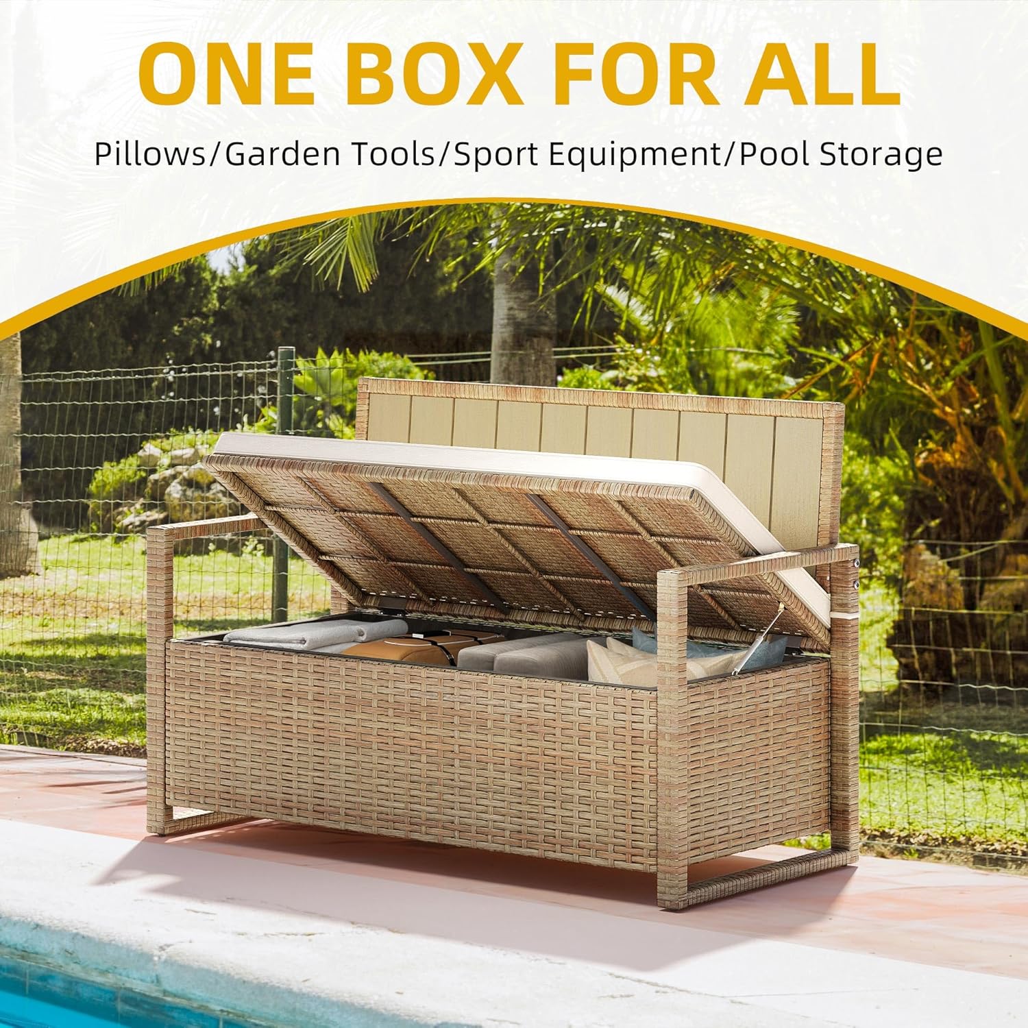 DWVO 70Gal Outdoor Storage Bench with Cushion & Composite Wood Backrest, All-Weather Wicker Deck Bench with Rustproof Bag, Poolside, Patio, Garden (Sand Beige) wourant