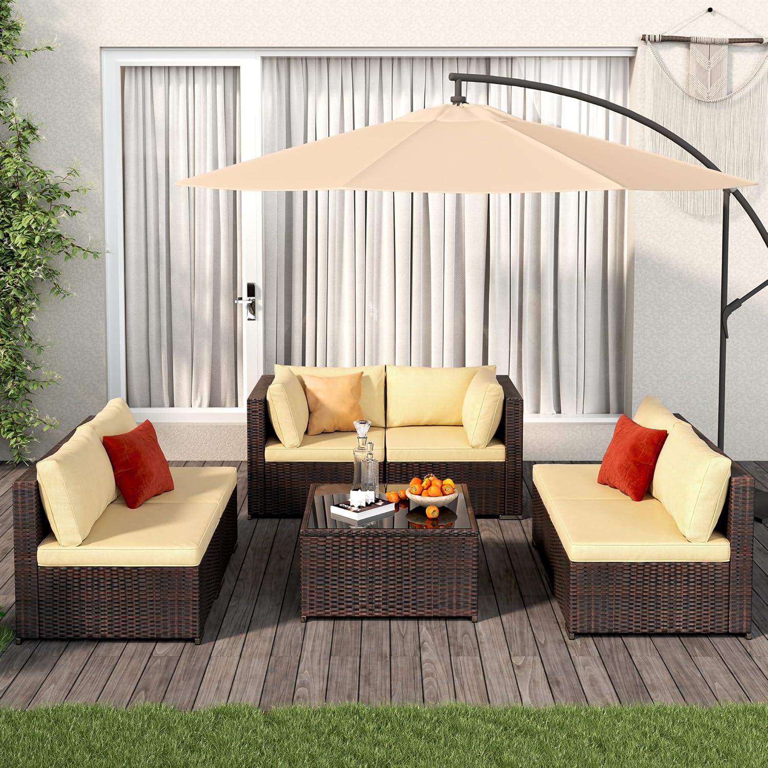 7 Pieces Outdoor Patio Furniture Set, PE Rattan Outdoor Wicker Sectional Furniture Sofa Set, with Cushions and Glass Coffee Table, for Balcony, Porch, Garden, Grey woonhhop