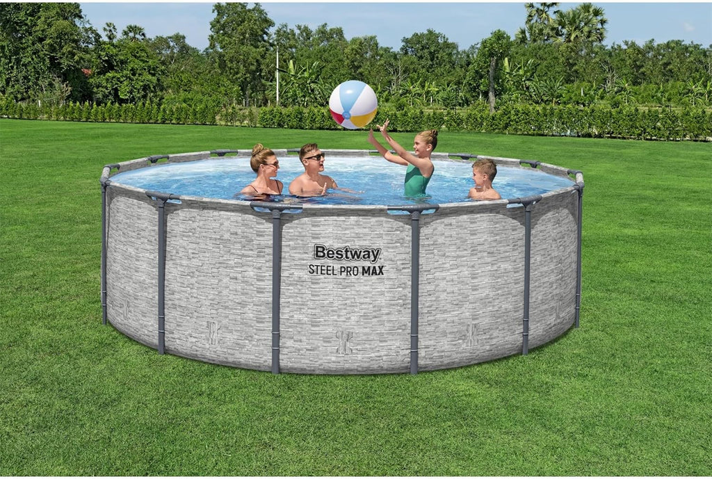 Steel Pro MAX 14 Foot x 48 Inch Round Metal Frame Above Ground Outdoor Swimming Pool Set with 1,000 Filter Pump, Ladder, and Cover, Gray wourant