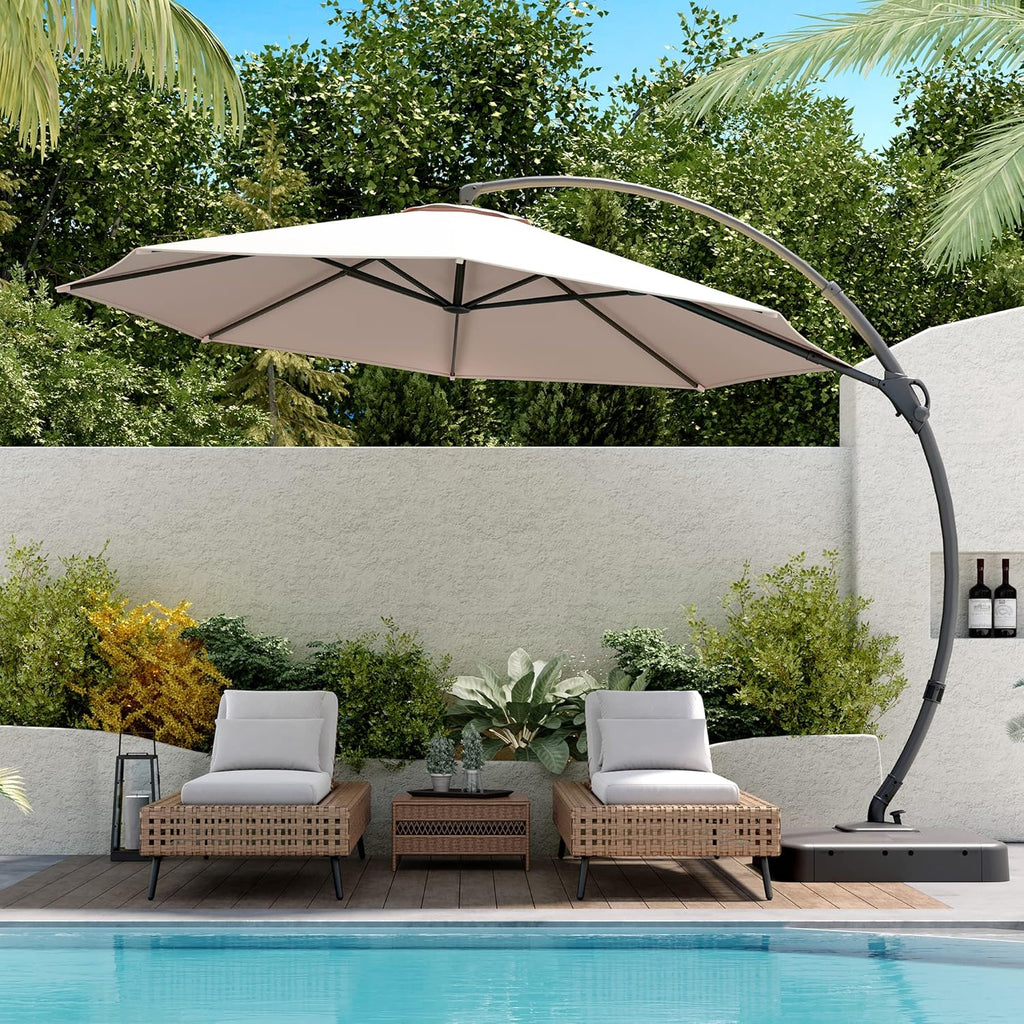 LAUSAINT HOME Outdoor Patio Umbrella with Base included, 11 FT Deluxe Curvy Cantilever Umbrella Heavy Duty Offset Hanging Umbrella with 360° Rotation for Market, Pool, Garden, Backyard, Deck (Beige) wourant