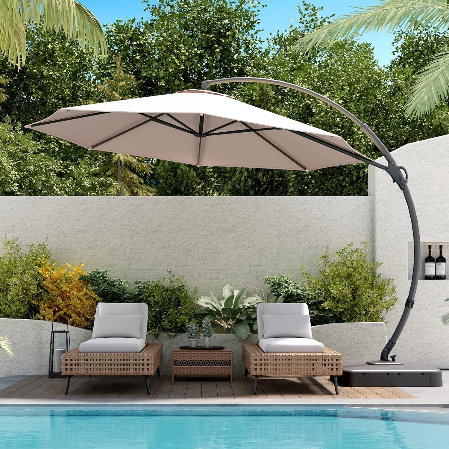 LAUSAINT HOME Outdoor Patio Umbrella with Base included, 11 FT Deluxe Curvy Cantilever Umbrella Heavy Duty Offset Hanging Umbrella with 360° Rotation for Market, Pool, Garden, Backyard, Deck (Beige) wourant