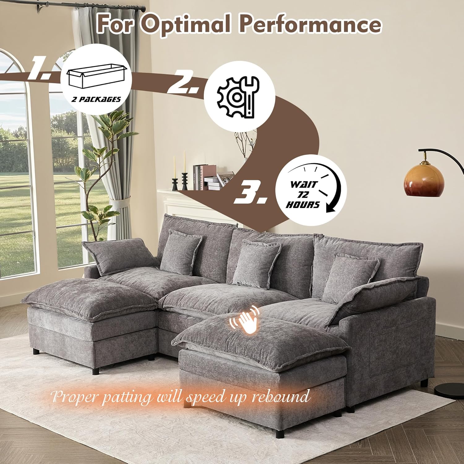 108 Inch U Shape Sofa Sectional Sofa Comfortable Cloud Sofa with Removable Footstool wourant