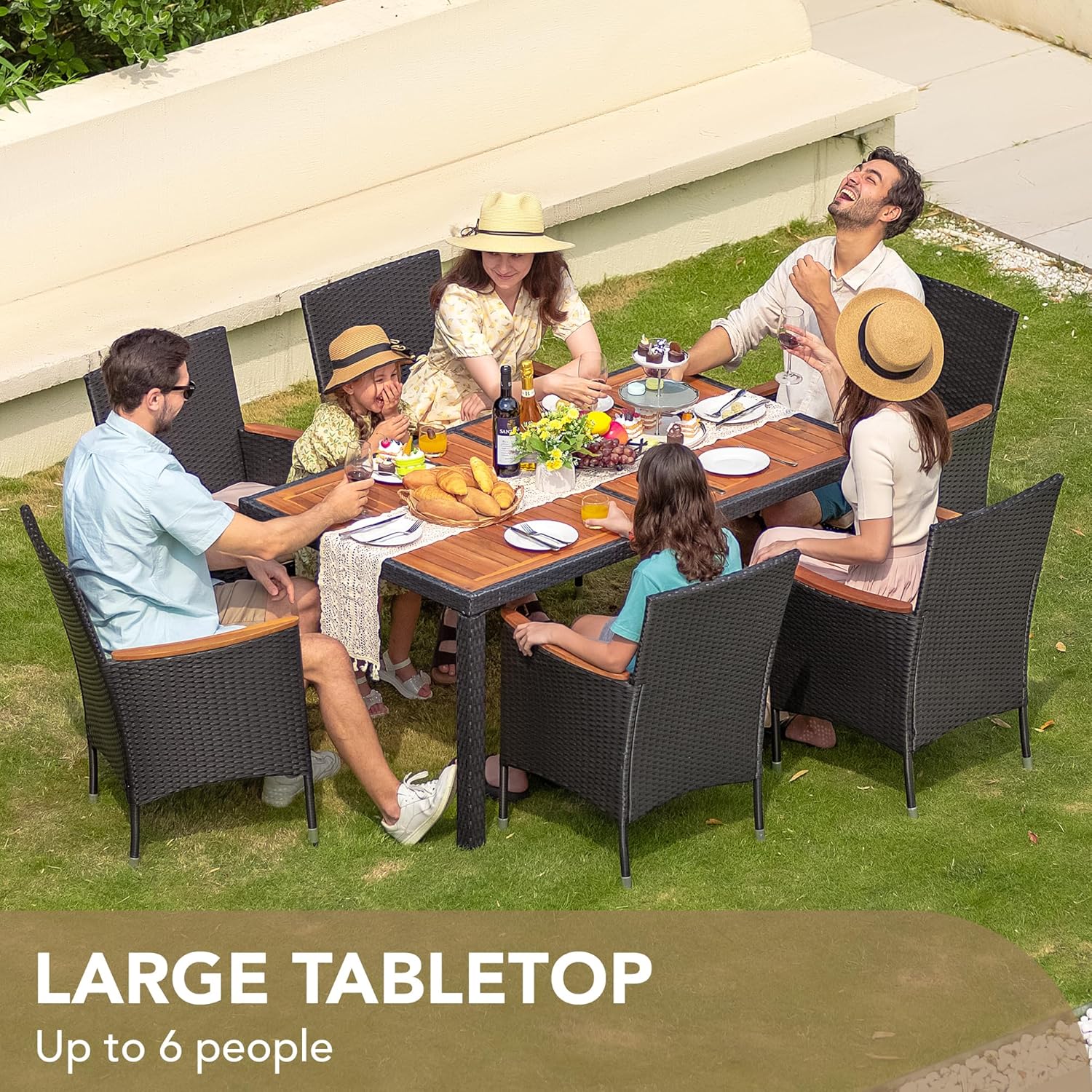 Devoko Dining 7 PCS Furniture, Patio Conversation Set with Acacia Wood Table Top, Rattan Outdoor, Black wourant