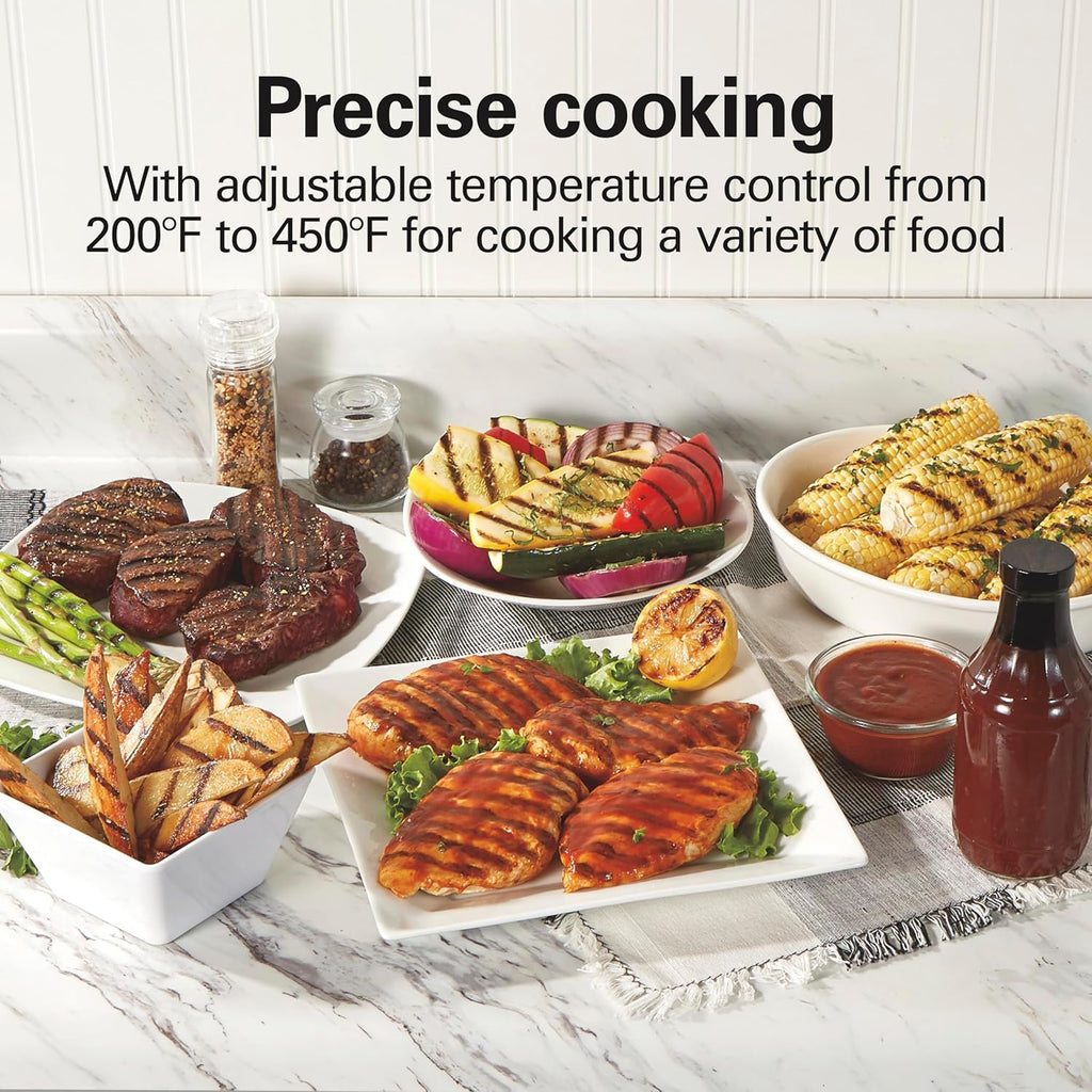 Indoor electric grill with viewing window, adjustable to 450°F, serves 6 people wourant