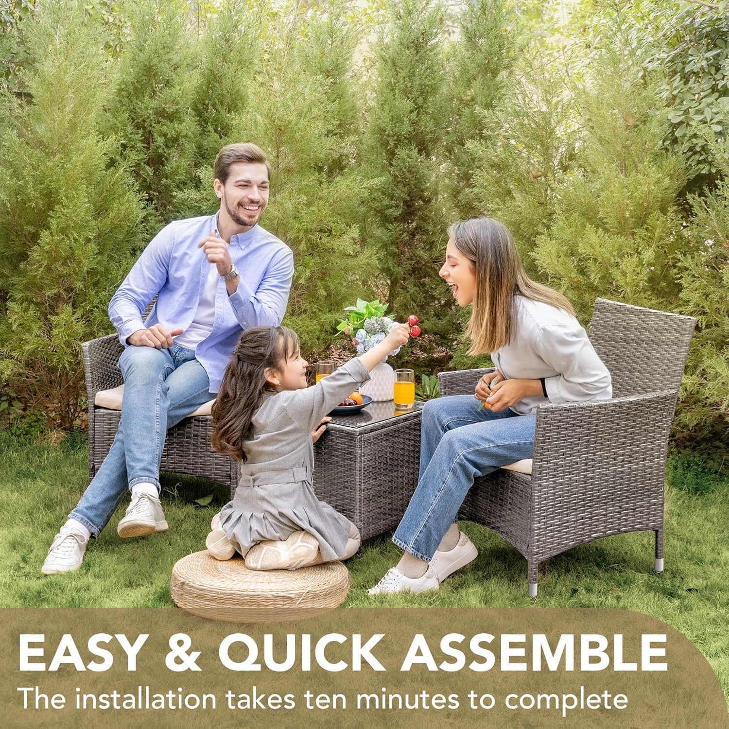 Devoko Patio Porch Furniture Sets 3 Pieces PE Rattan Wicker Chairs with Table Outdoor Garden Furniture Sets (Brown/Beige) wourant