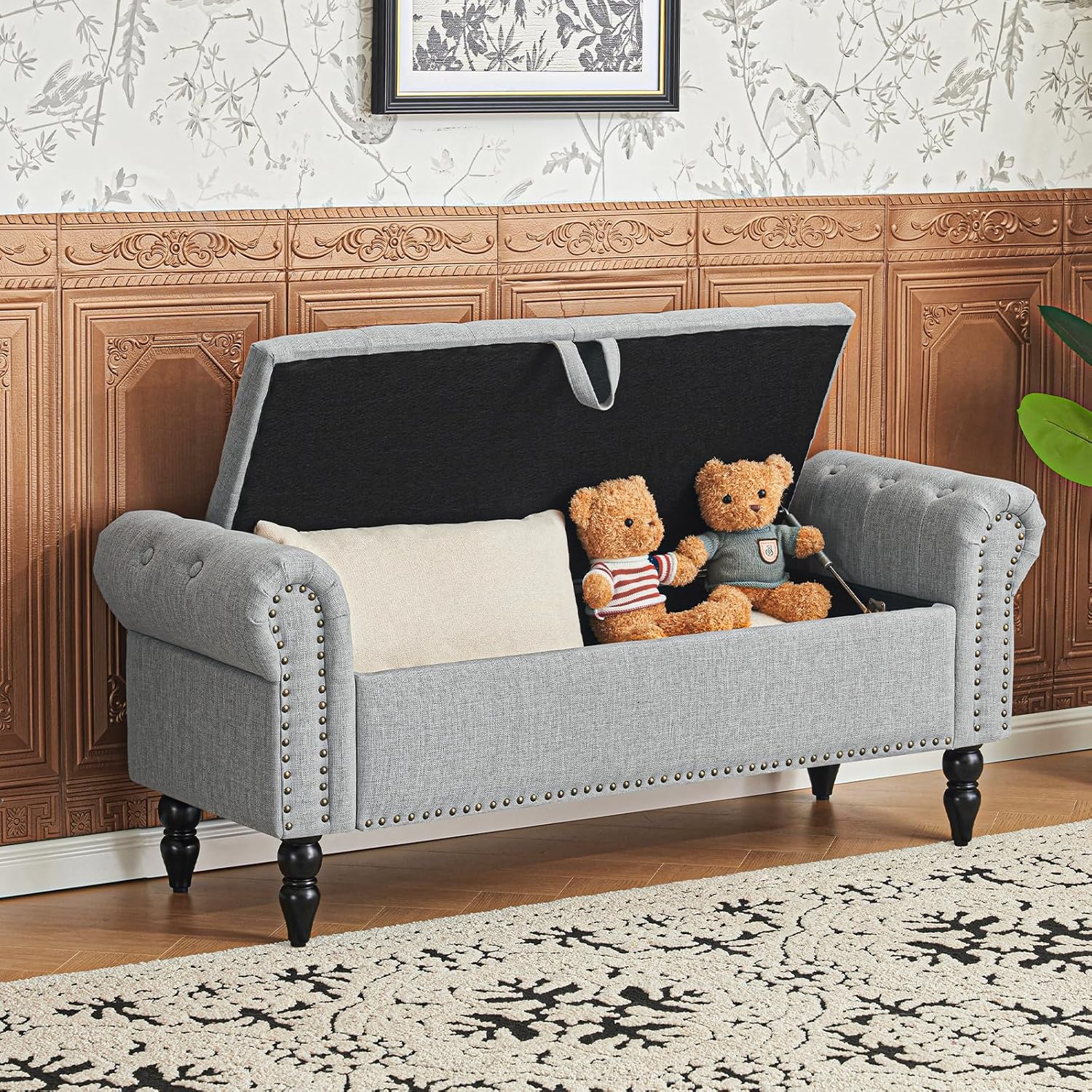 Furniliving Modern Storage Ottoman Bench, Sherpa Ottoman End of Bed Bench with Solid Wood Legs Upholstered Ottoman Benches with Storage Indoor Bench wourant