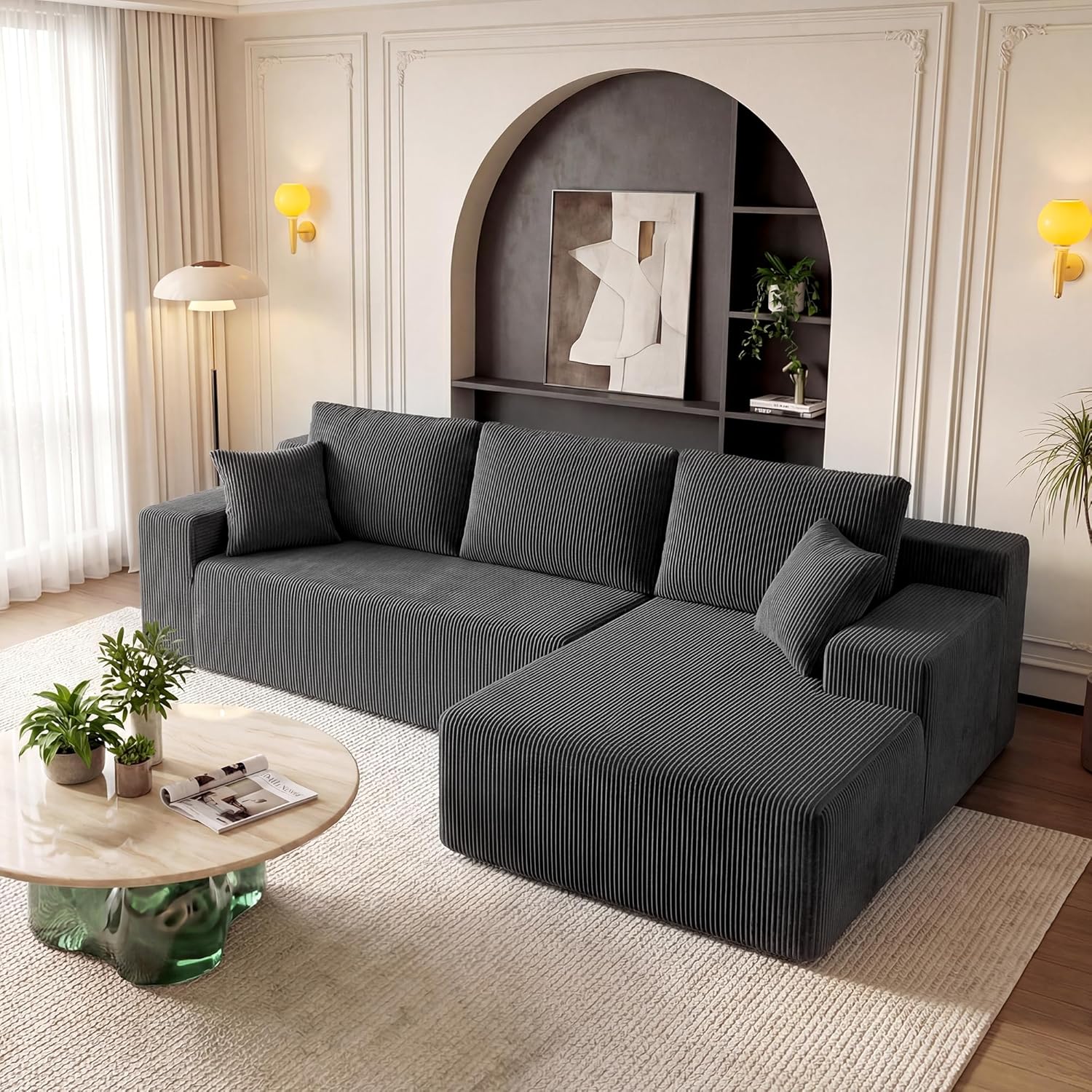 Cloud Sectional Boneless Couches for Living Room, Modular L Shaped Couch with Deep Seat Oversized Right Facing Chaise, Memory Foam Compressed Spineless 3 Seater Sofa for Apartment, Black | No Assembly Required, Deep Seat, Cat-Claw Resistant, High-Resilien wourant