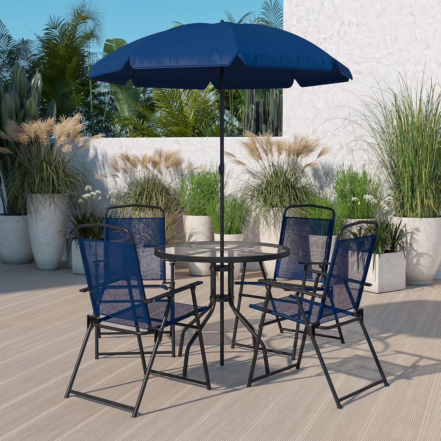 EMMA + OLIVER 6 Piece Brown Patio Garden Set with Umbrella Table and Set of 4 Folding Chairs wourant