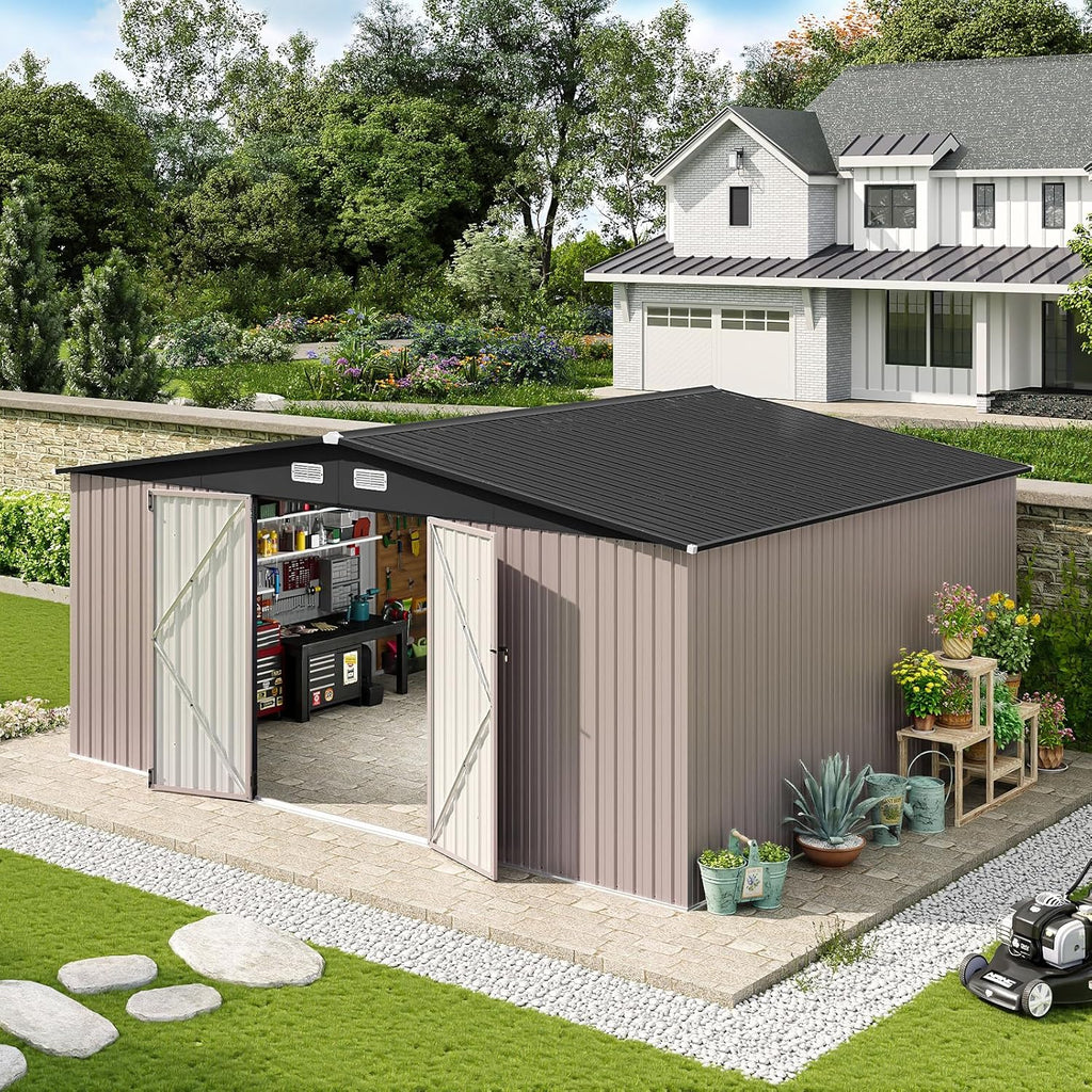 Aoxun 12x10 FT Shed Metal Outdoor Waterproof Storage Shed Steel Utility Garden Tool Shed with Door & Lock Outdoor Storage for Garden Patio Lawn Poolside, Brown wourant