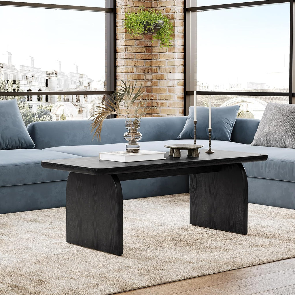 LITTLE TREE Farmhouse Coffee Table, 47 Inch Round Corner Wood Center Table, Rectangular Living Room Table, Modern Low Cocktail Tea Set wourant
