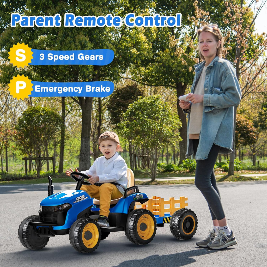 24V Ride On Tractor w/Tiltable & Detachable Trailer, 2x65W Motors, EVA Tires, Remote Control, Bluetooth, Shifter, Music, Electric Car for Kids, Green wourant