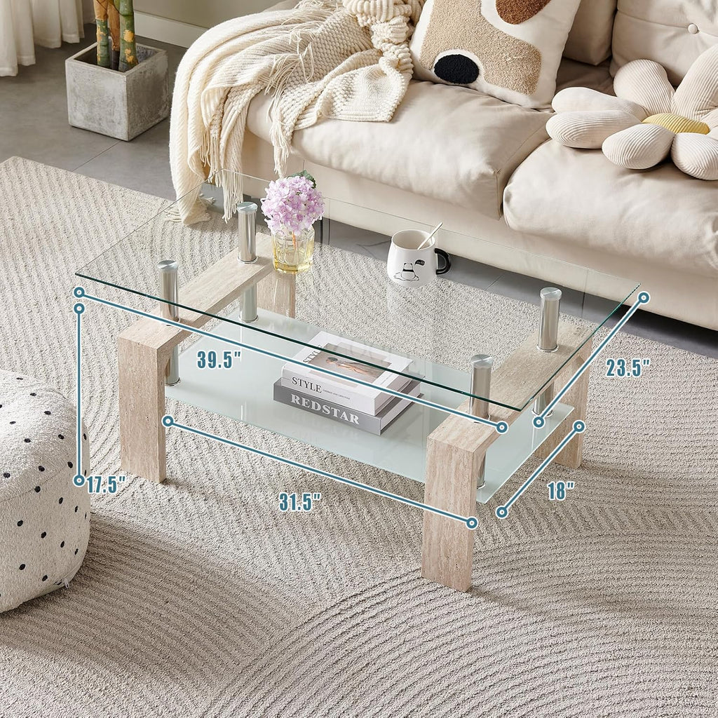 Living Room Rectangle Coffee Table, Tea Table Suitable for Waiting Room, Modern Side Coffee Table with Wooden Leg, Glass Tabletop wourant