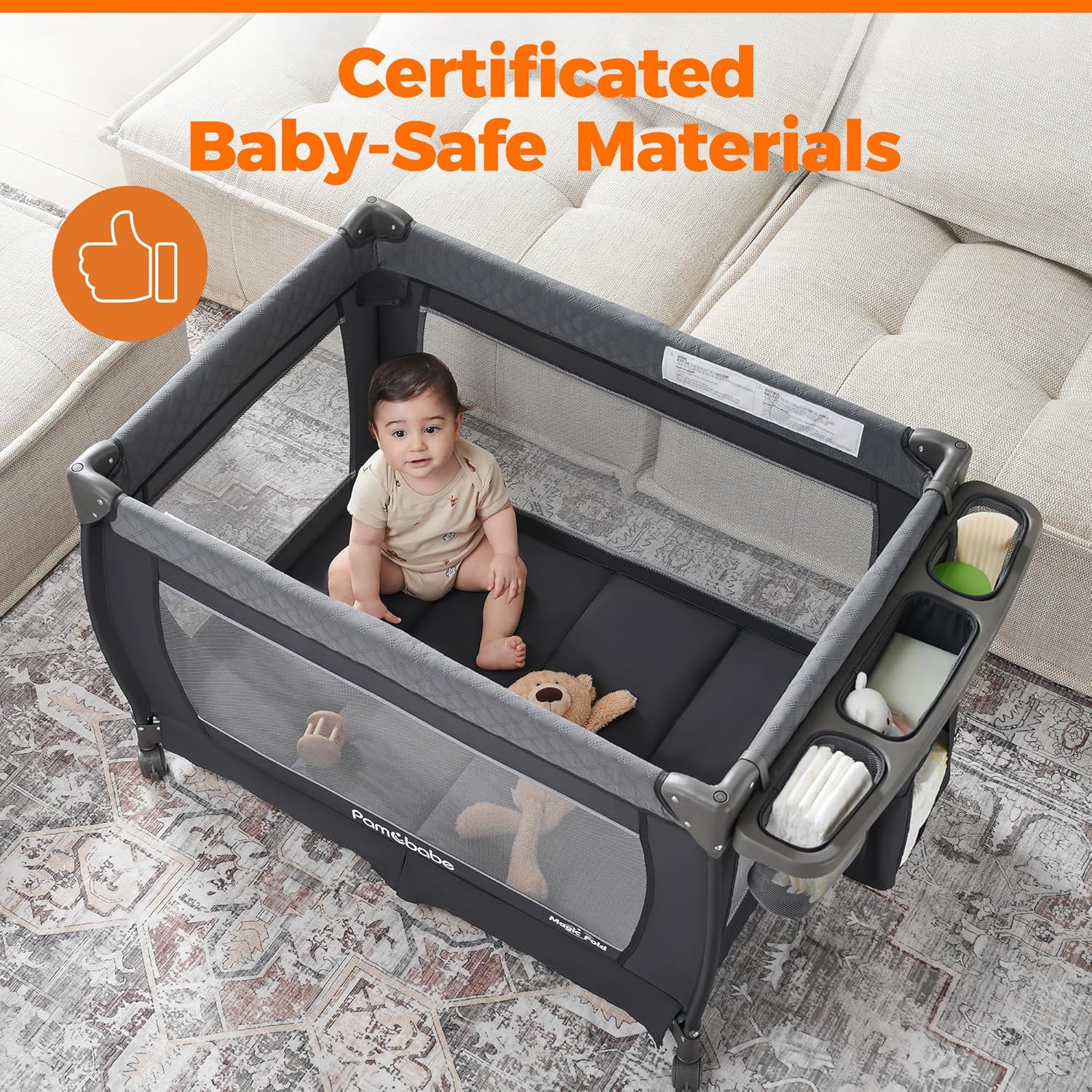 Pamo Babe Baby Playpen - Heavy-duty steel frame provides a safe sleeping space and portable crib wourant