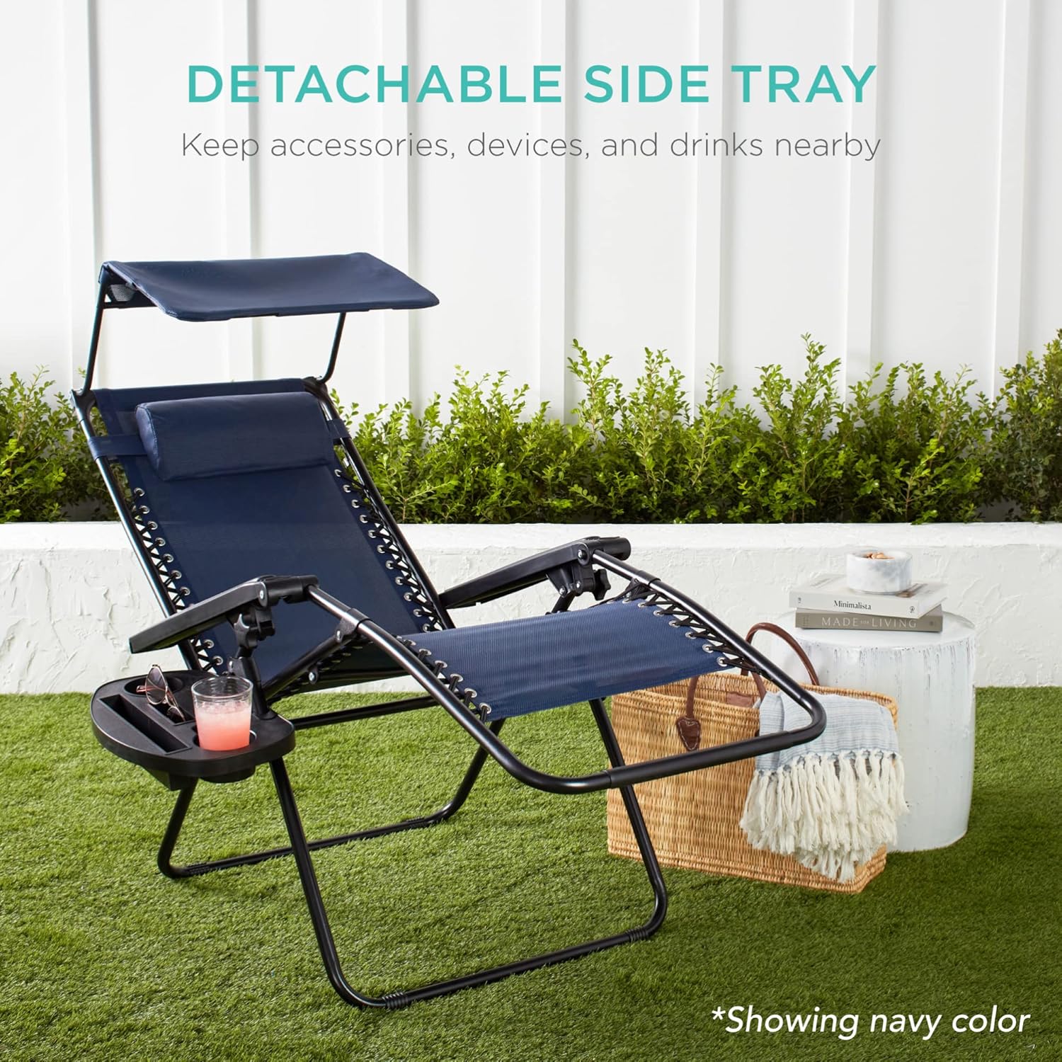Best Choice Products Folding Zero Gravity Outdoor Recliner Patio Lounge Chair w/Adjustable Canopy Shade, Headrest, Side Accessory Tray, Textilene Mesh - Peacock Blue wourant