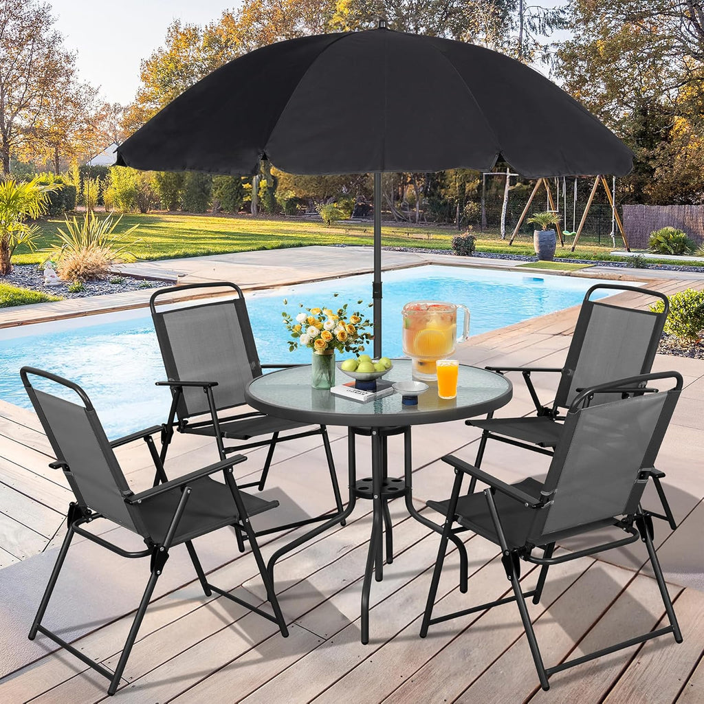 Vongrasig 6 Piece Folding Patio Dining Set,Small Metal Outdoor Garden Patio Table and Chair Set w/Umbrella for Lawn,Deck,Backyard,Black wourant