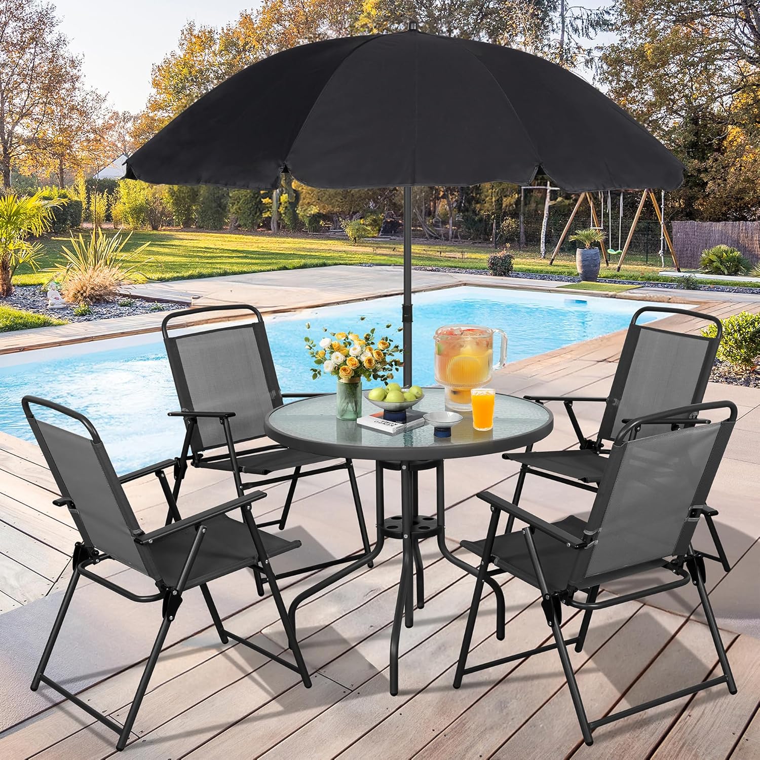 Vongrasig 6 Piece Folding Patio Dining Set,Small Metal Outdoor Garden Patio Table and Chair Set w/Umbrella for Lawn,Deck,Backyard,Black wourant