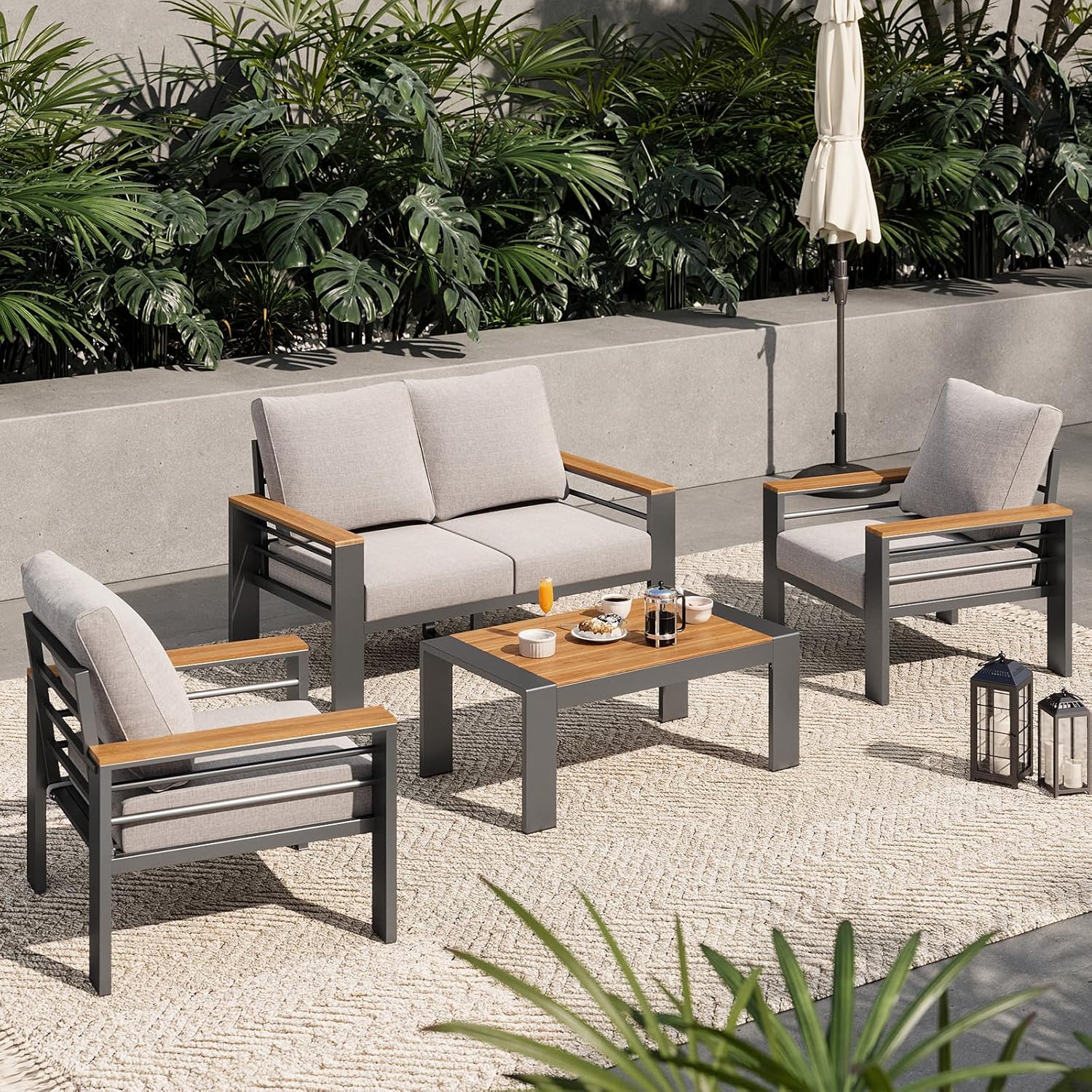 Aoxun Aluminum Outdoor Patio Furniture Set, 5 Seats Outdoor Sectional with Coffee Table, Patio Conversation Sets with Upgraded Armrests and Cushions for Backyard, Garden and Poolside woonhhop