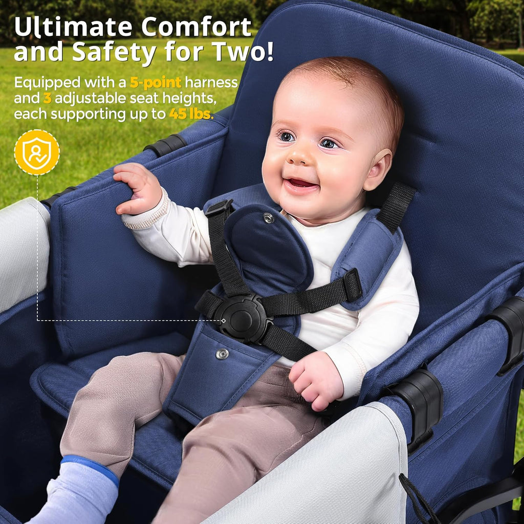 Stroller Wagon for Kids, Wagon Stroller Toddlers 2 Seaters, All-Terrain Baby Wagon Outdoor with Canopy, Parent Organizer, Adjustable Handle & Pull Bar for Infants and Toddlers, Gray wourant