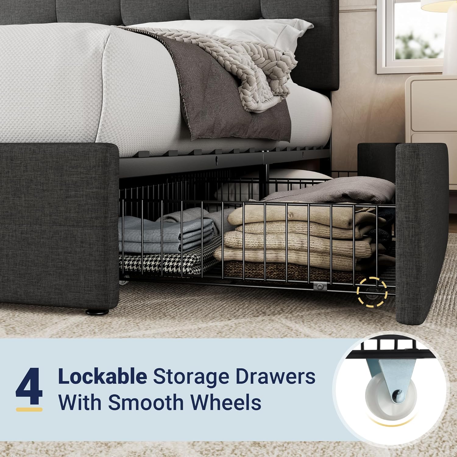 Allewie Upholstered Queen Size Platform Bed Frame with 4 Storage Drawers and Headboard wourant