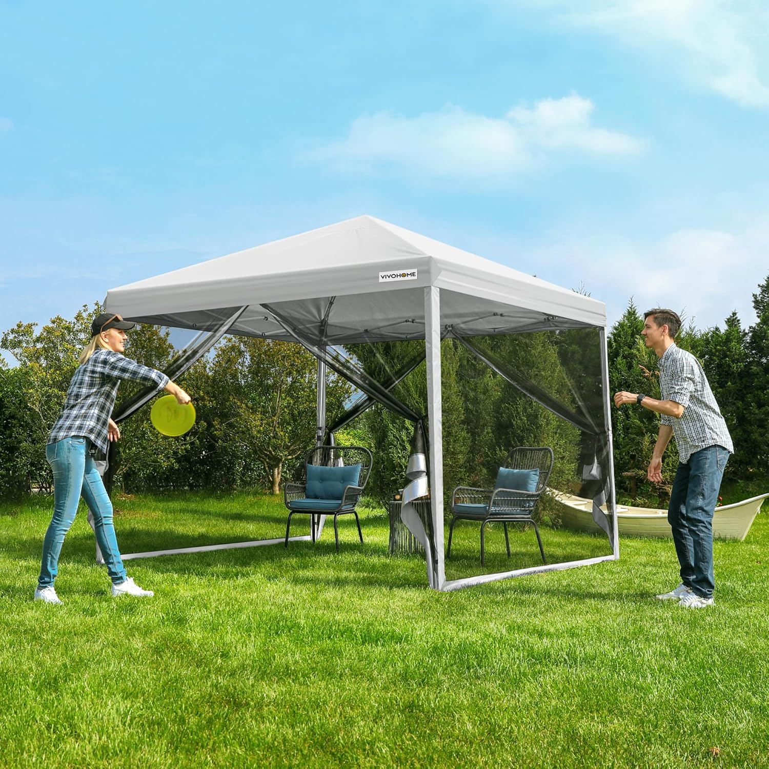 10x10ft Easy Pop-Up Canopy, Outdoor Screen Tent with Mosquito Netting, 2 Zipper Doors, and Roller Bag for Yard Camping Picnic Party Events, Beige wourant