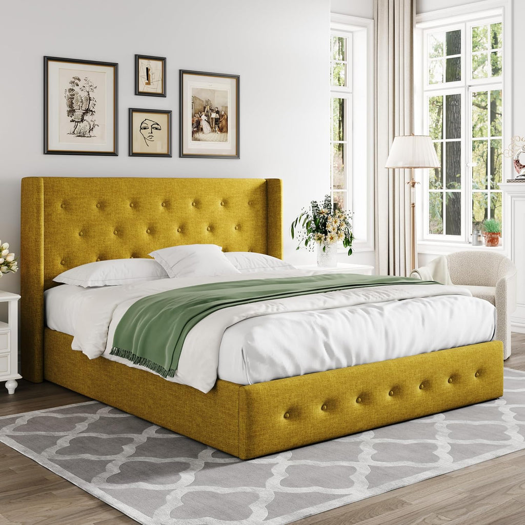 Allewie Queen Size Lift Up Storage Bed Modern Wingback Headboard Hydraulic Support wourant