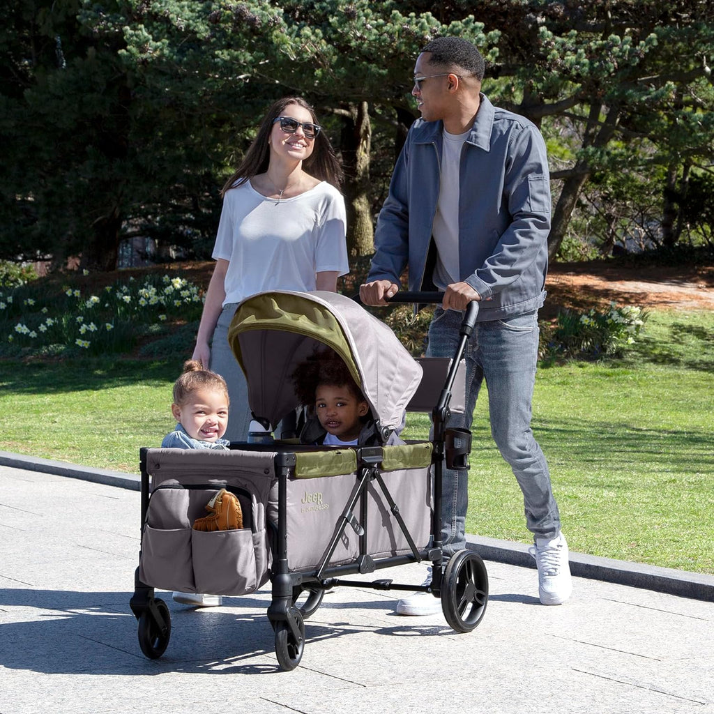 Jeep Sport All-Terrain Stroller Wagon by Delta Children - Includes Canopy, Parent Organizer, Adjustable Handlebar, Snack Tray & Cup Holders, Grey/Olive Green wourant