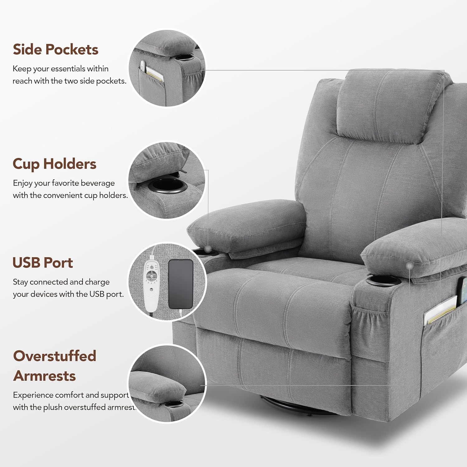 Large Swivel Rocking Recliner with Heating and Massage Function, 360 Degree Swivel Rocking Single Sofa wourant