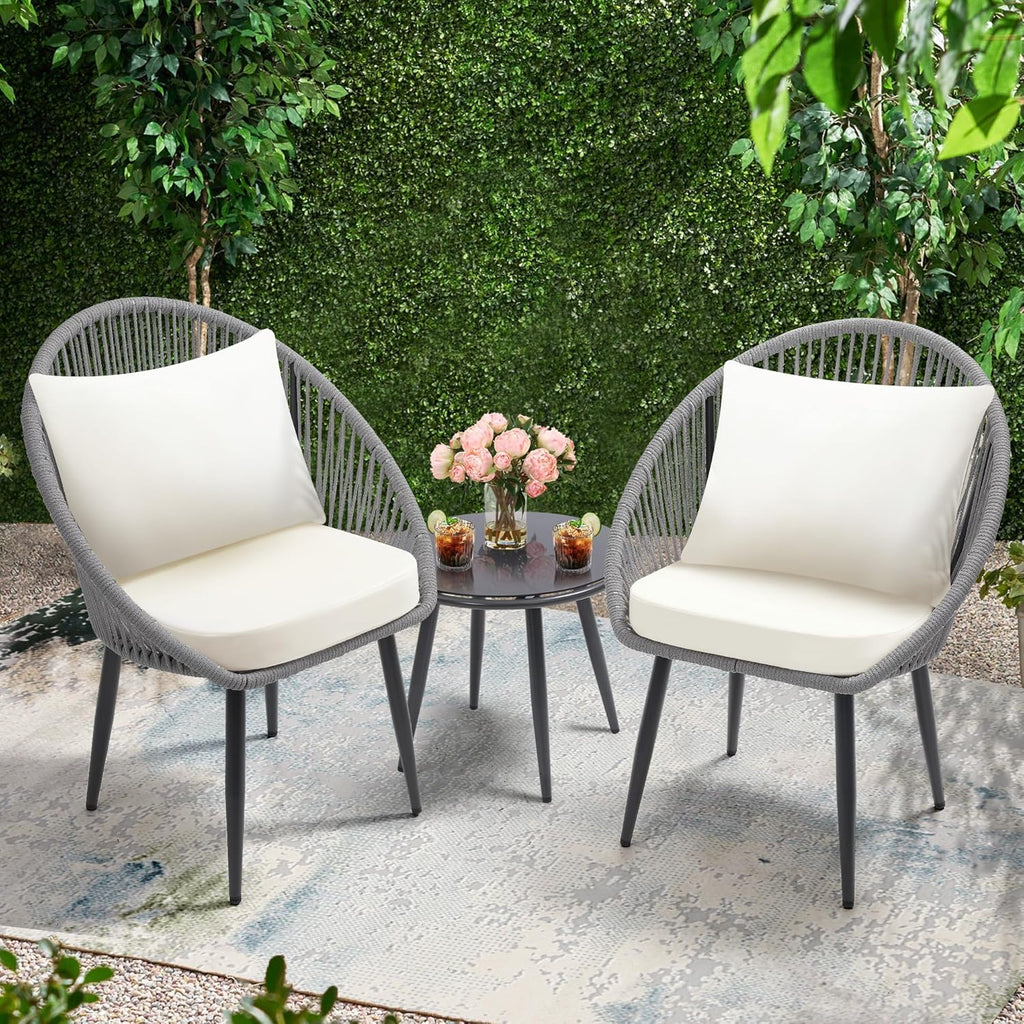3 Piece Bistro Set, Woven Rope Chair with Cushions, All Weather Patio Conversation Set with Side Table, Ideal for Deck, Balcony, Poolside, Black wourant