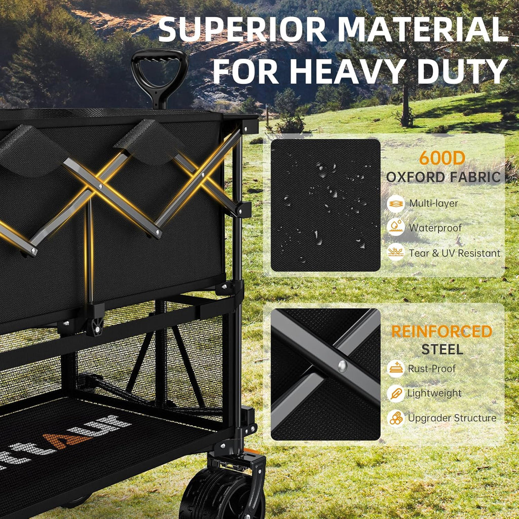 Foldable 50''L Extra Long Double Decker Wagon for Sport, 400L Collapsible Heavy Duty Wagon Cart with Big Wheels, Utility All-Terrain Large Extender Cart for Outdoors wourant