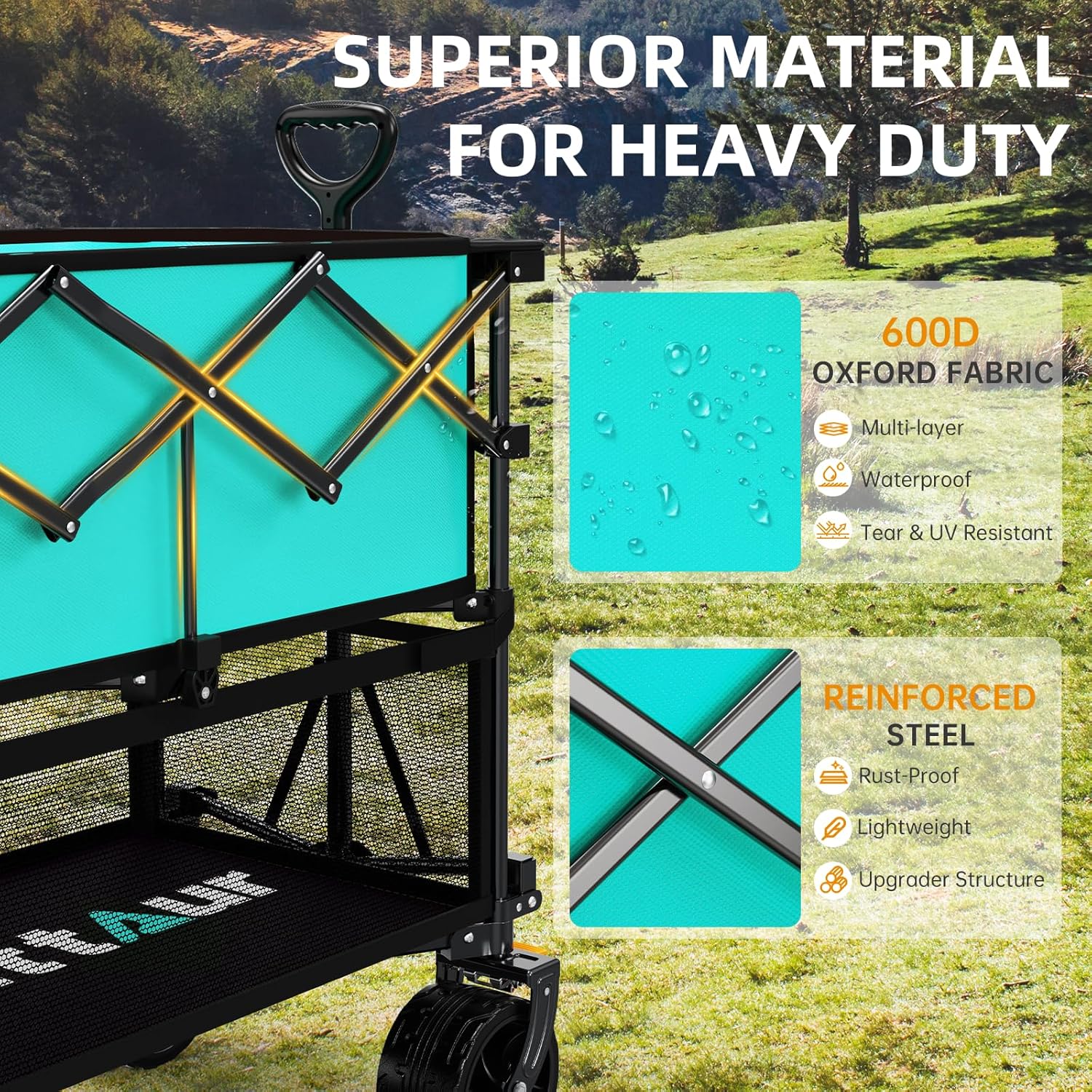 Foldable 50''L Extra Long Double Decker Wagon for Sport, 400L Collapsible Heavy Duty Wagon Cart with Big Wheels, Utility All-Terrain Large Extender Cart for Outdoors wourant