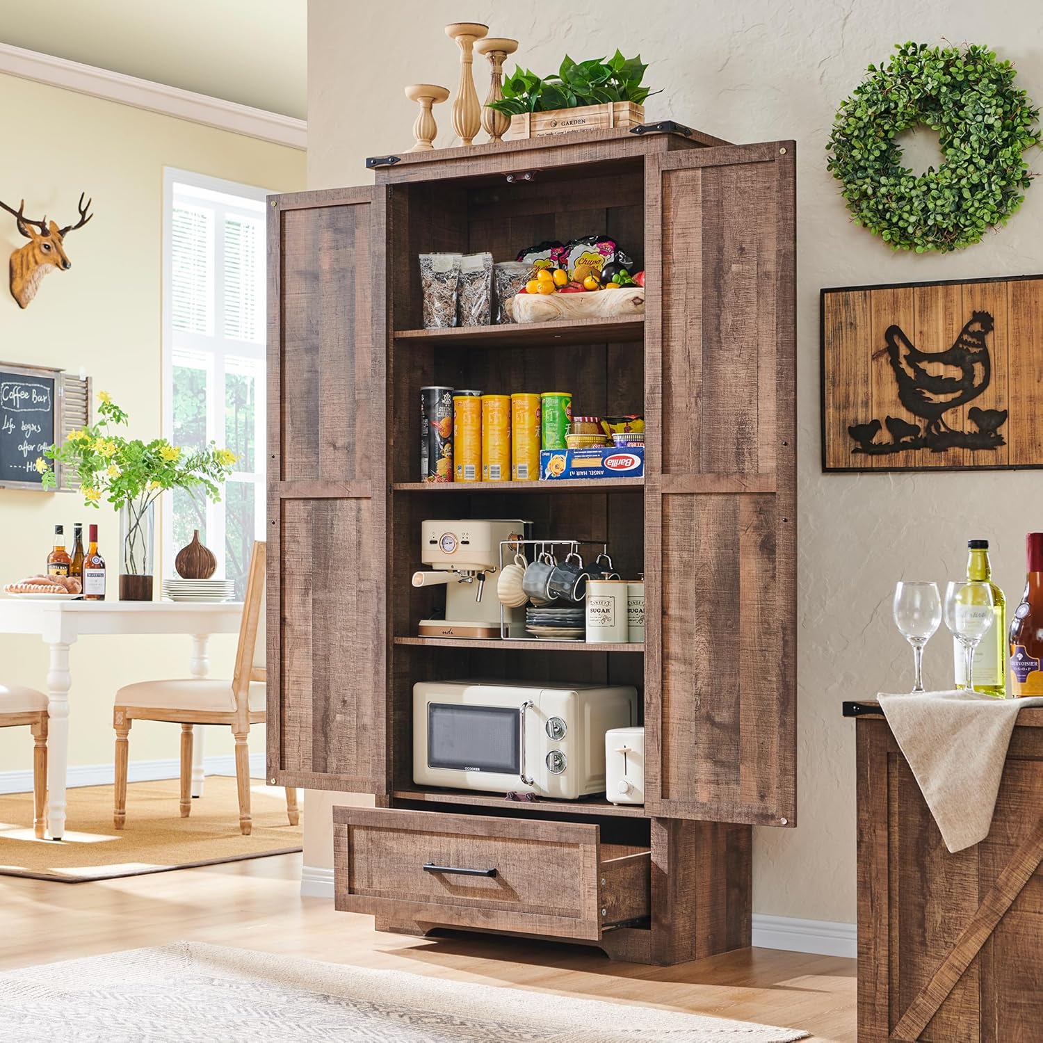 JXQTLINGMU Farmhouse Kitchen Pantry - 72" Tall Wood Kitchen Storage Cabinet with Adjustable Shelves and 2 Barn-Style Doors and Drawers wourant
