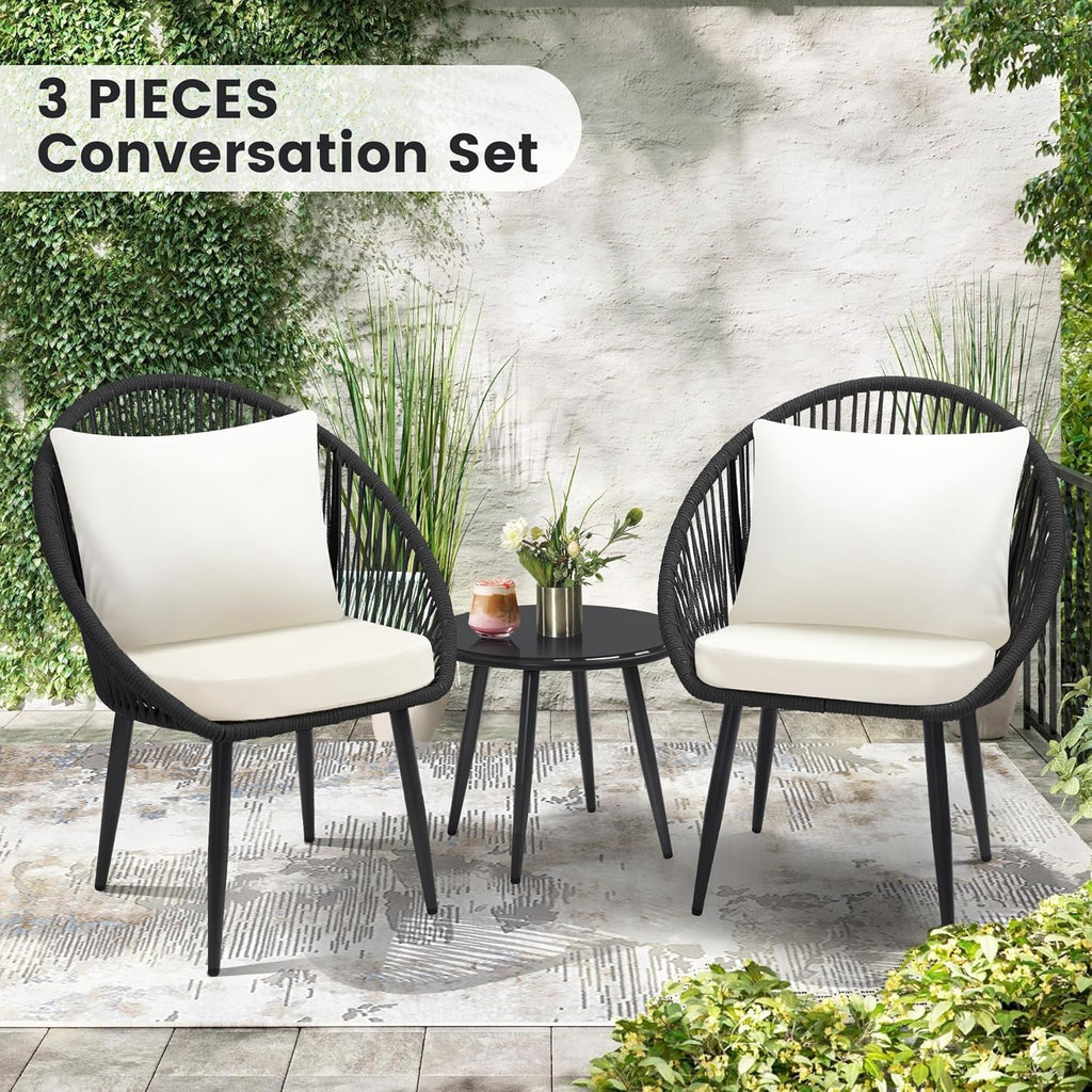 3 Piece Bistro Set, Woven Rope Chair with Cushions, All Weather Patio Conversation Set with Side Table, Ideal for Deck, Balcony, Poolside, Black wourant