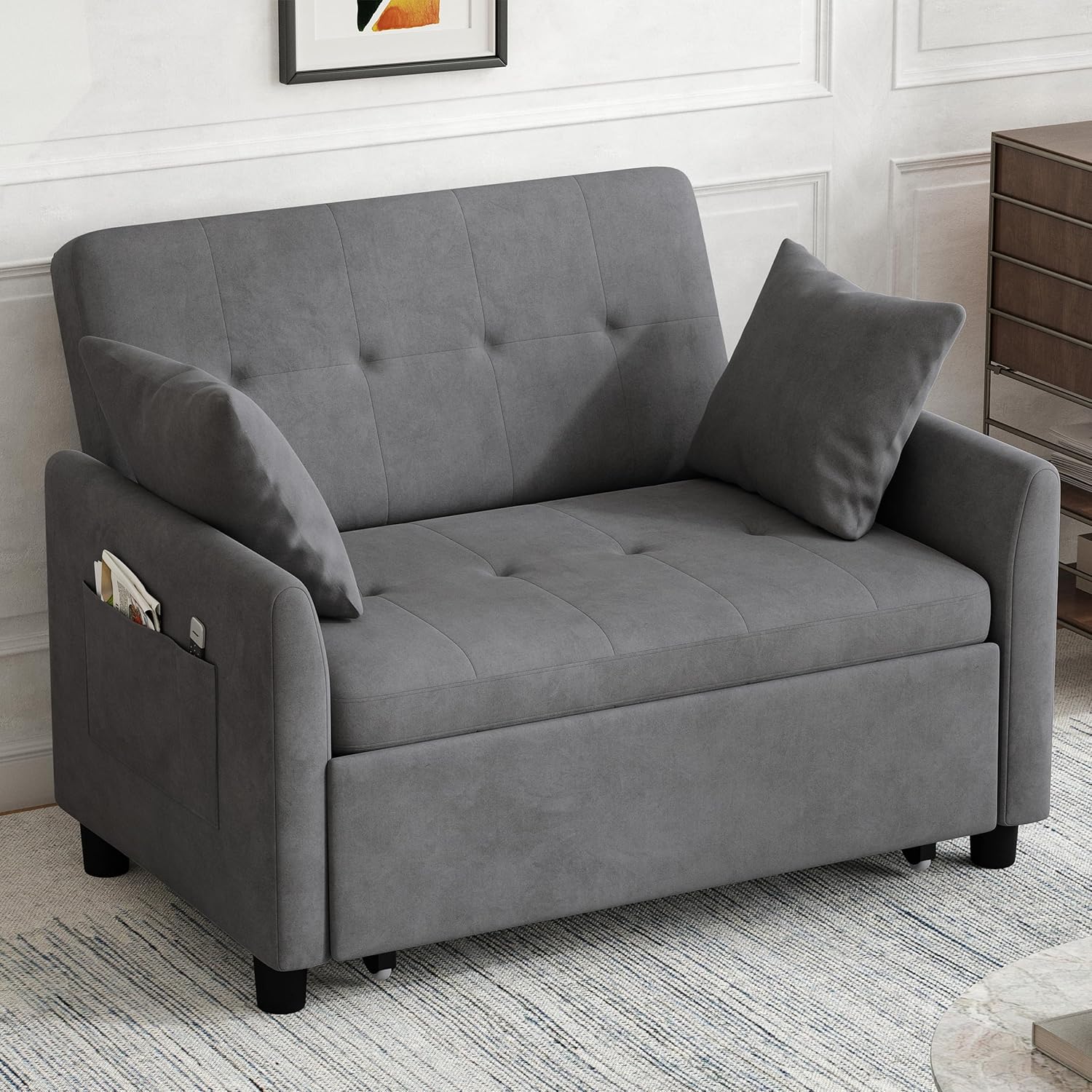 Sleeper Sofa Bed, 3 in 1 Convertible Sleeper Couch Bed Pull Out, Small Loveseat Sofa, Futon Sofa Bed Full Size, 46" Velvet Love Seat wourant