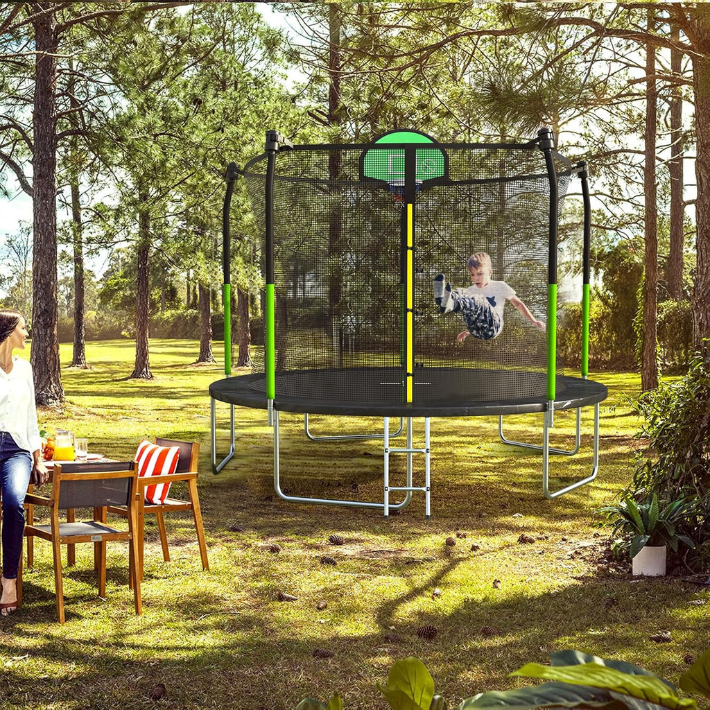 AOTOB 8FT 10FT 12FT 14 FT 15FT Trampoline with Safety Enclosure Net，Outdoor Trampoline with Basketball Hoop, Heavy Duty Jumping Mat and Spring Cover Padding for Kids and Adults, Storage Bag and Ladder wourant