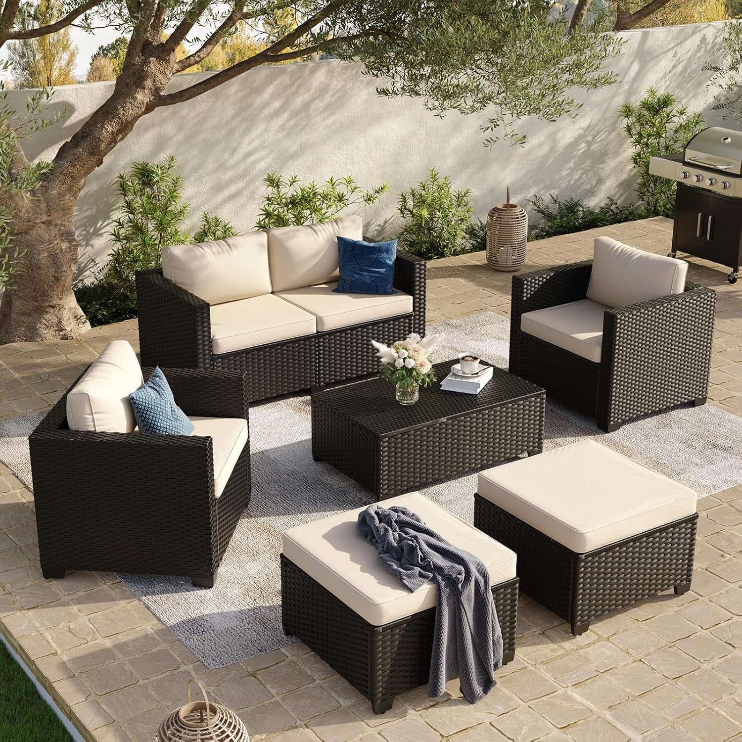 Aoxun 8 Piece Outdoor Patio Furniture Set 7 Seats, Outdoor Sectional with Thick Waterproof Cushions & Storage Coffee Table, Patio Conversation Sets for Garden,Backyard, Porch, Balcony, Deck, Beige woonhhop