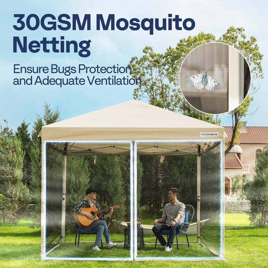 10x10ft Easy Pop-Up Canopy, Outdoor Screen Tent with Mosquito Netting, 2 Zipper Doors, and Roller Bag for Yard Camping Picnic Party Events, Beige wourant