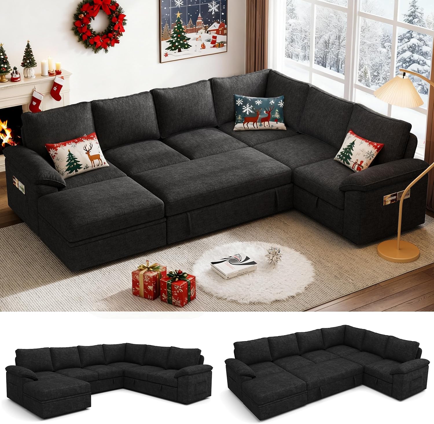 108 Inch Sectional Sleeper Sofa with Pull Out Bed, U Shaped 7 Seat Modular Sectional Sofa wourant
