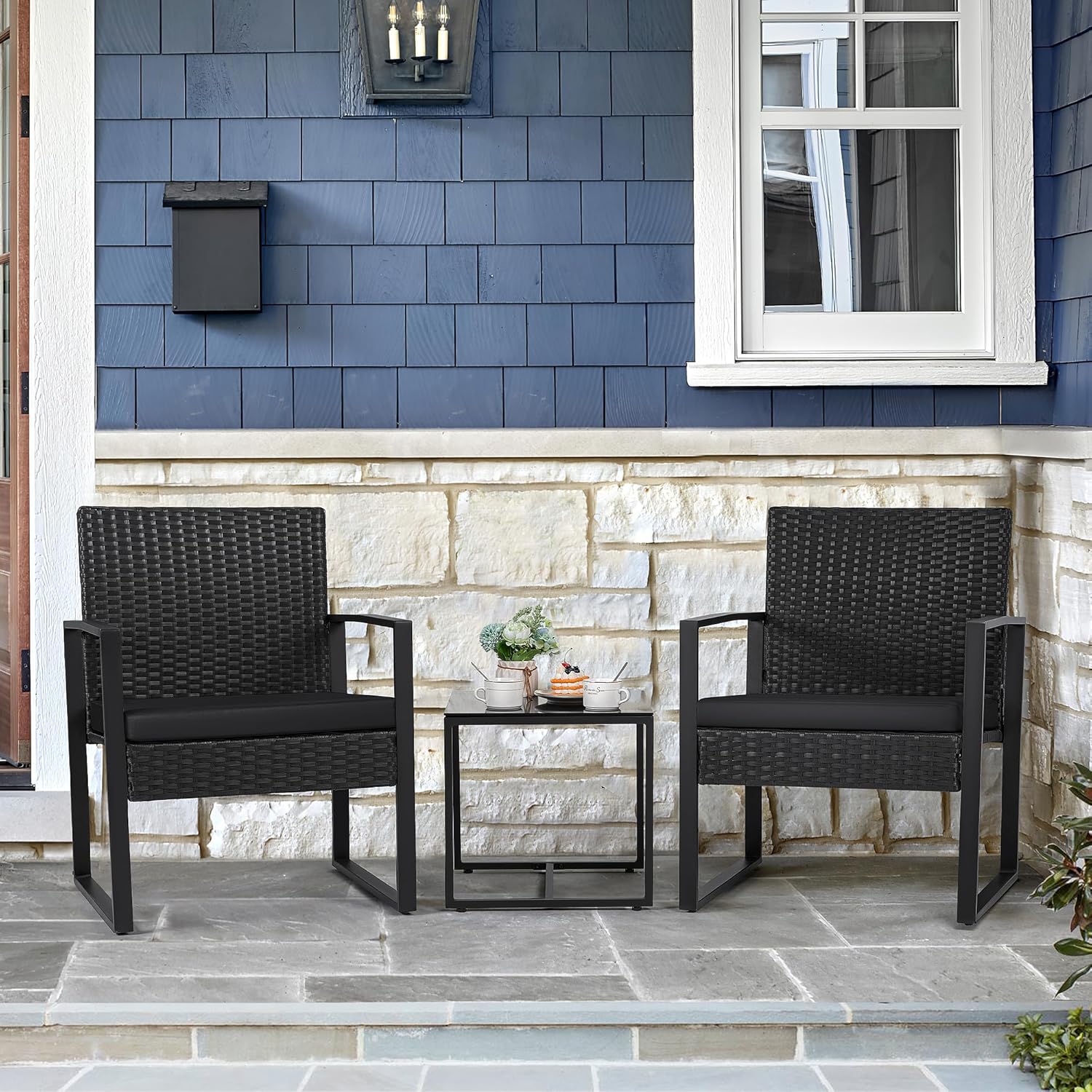 Flamaker 3 Pieces Patio Set Outdoor Wicker Furniture Sets Modern Rattan Chair Conversation Sets with Coffee Table for Yard and Bistro (Black) wourant