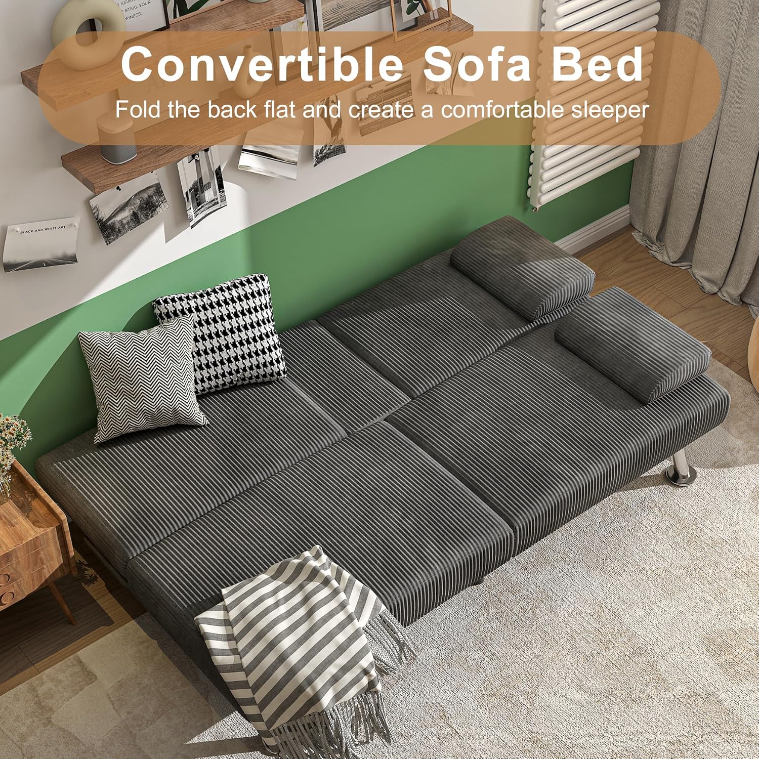 Shahoo Modern Linen Upholstered Convertible Folding Futon Sofa Bed with Removable Armrests wourant
