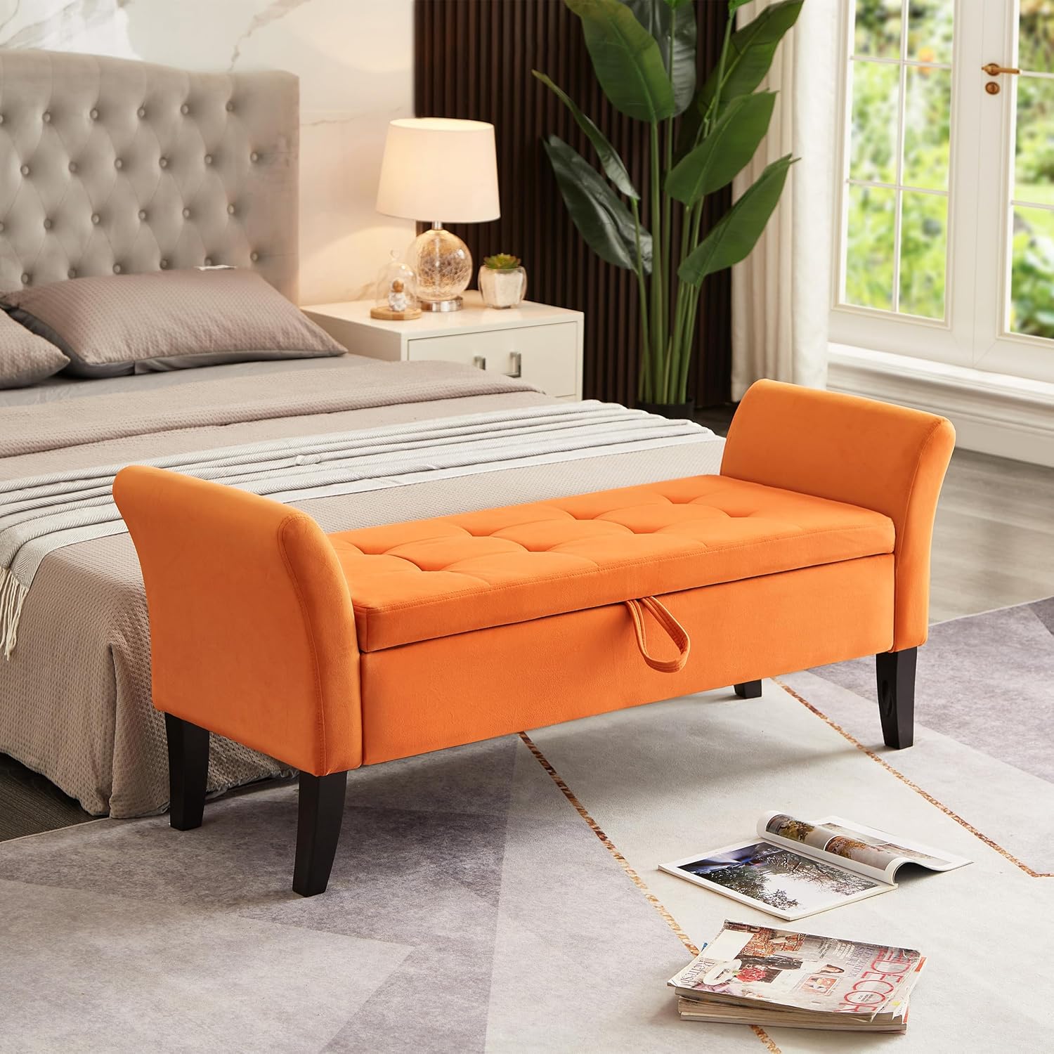 Furniliving Modern Storage Ottoman Bench, Sherpa Ottoman End of Bed Bench with Solid Wood Legs Upholstered Ottoman Benches with Storage Indoor Bench wourant