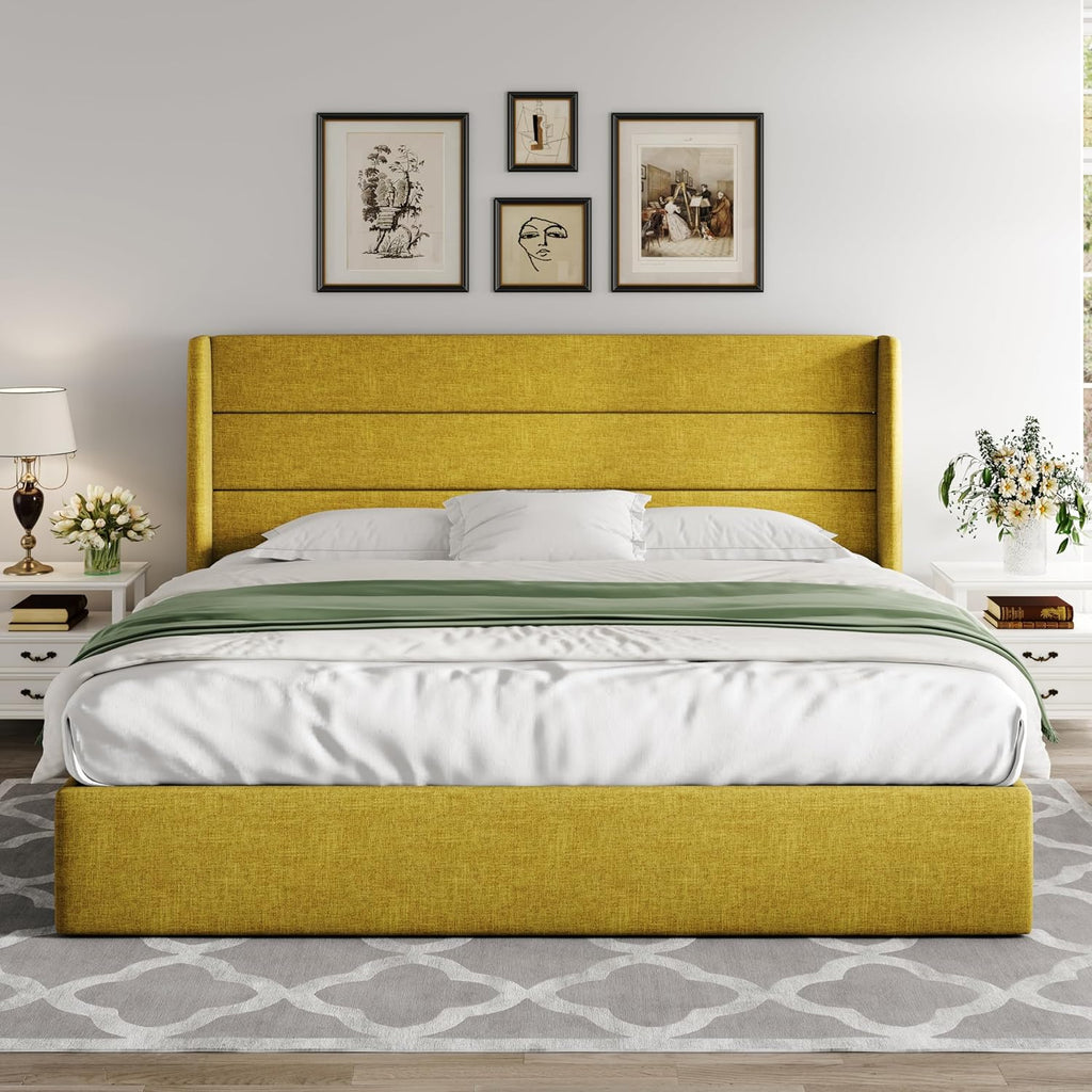 Allewie Queen Size Lift Up Storage Bed Modern Wingback Headboard Hydraulic Support wourant