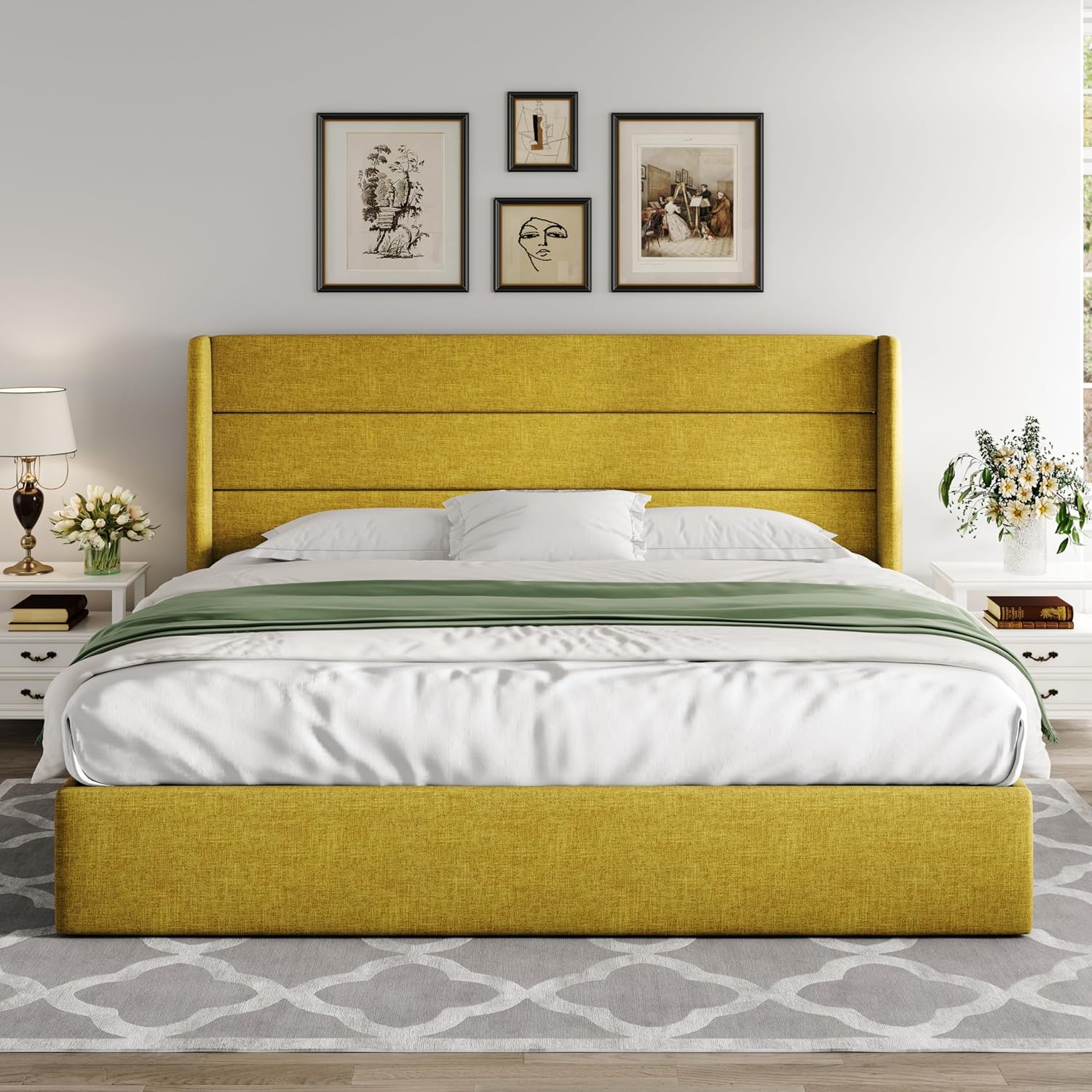 Allewie Queen Size Lift Up Storage Bed Modern Wingback Headboard Hydraulic Support wourant