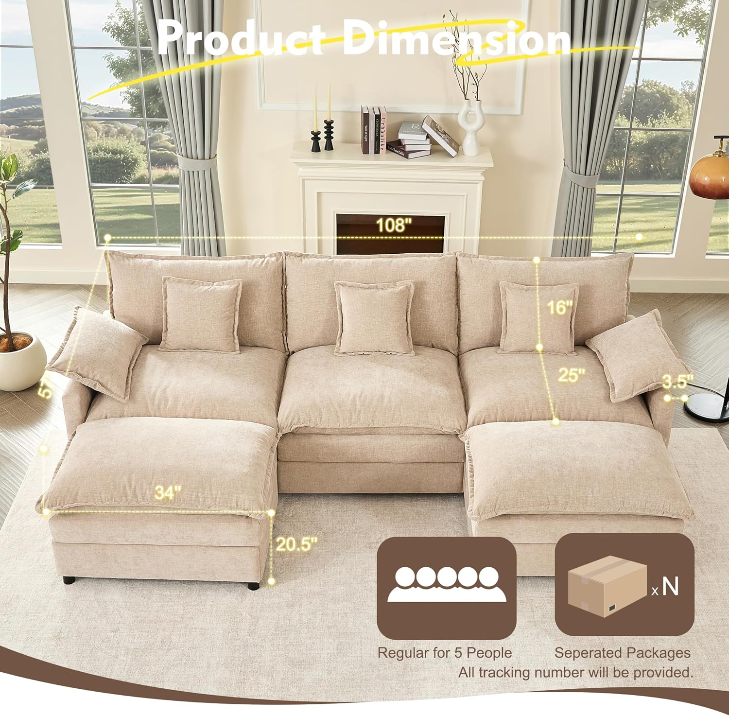 108" U-shaped sofa modular sofa three-seater comfortable cloud sofa wourant