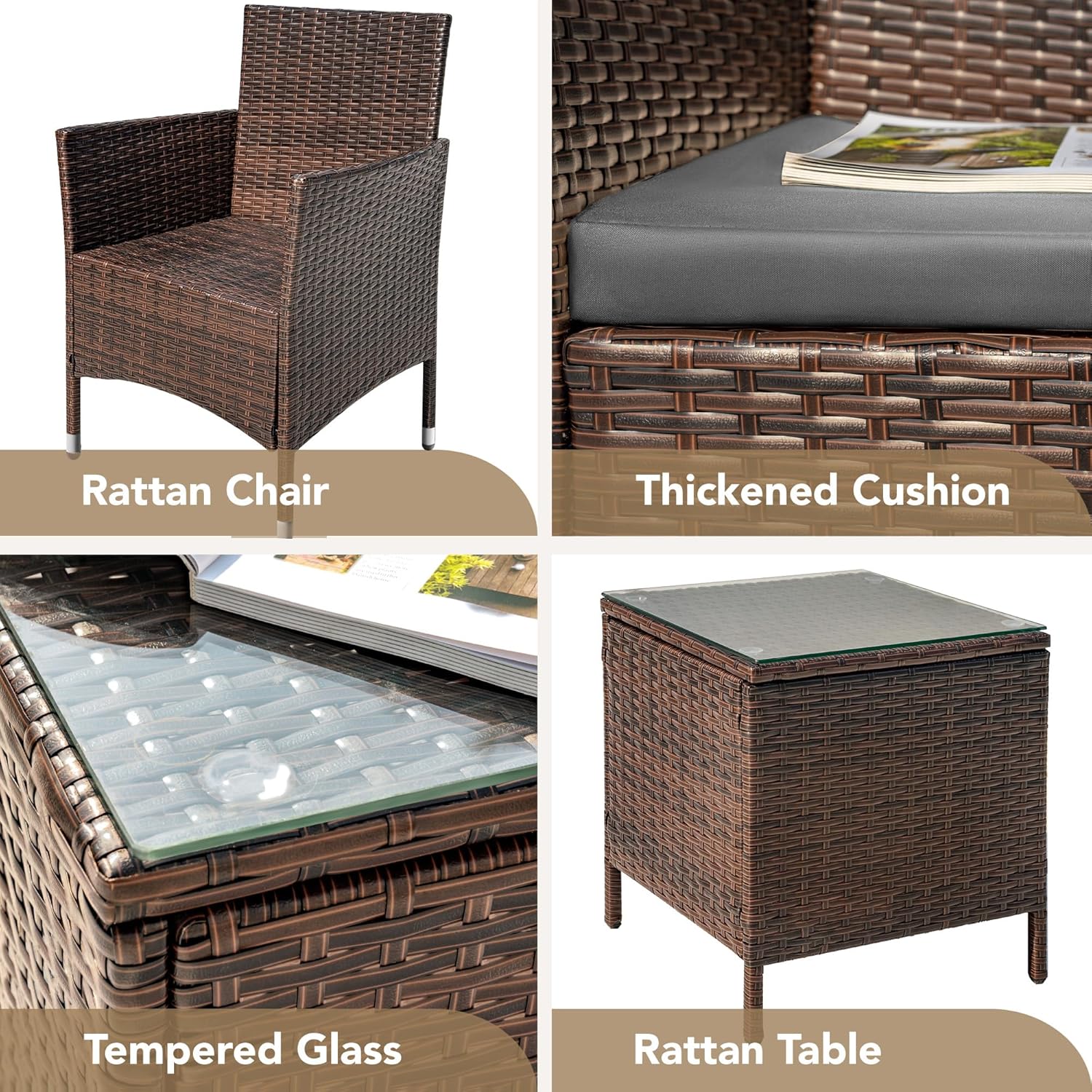 Devoko Patio Porch Furniture Sets 3 Pieces PE Rattan Wicker Chairs Outdoor Garden Furniture Sets wourant