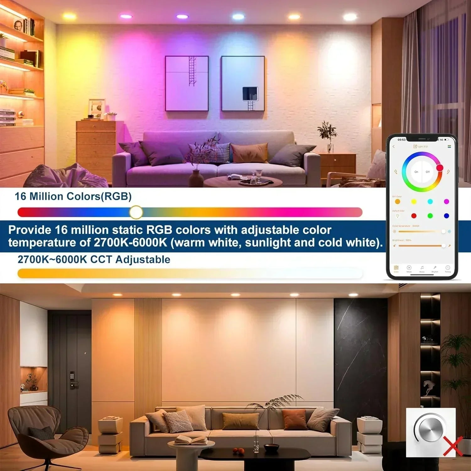 Smart Recessed Lighting 4" RGBCW Color Changing 12W LED Downlight with Junction Box wourant