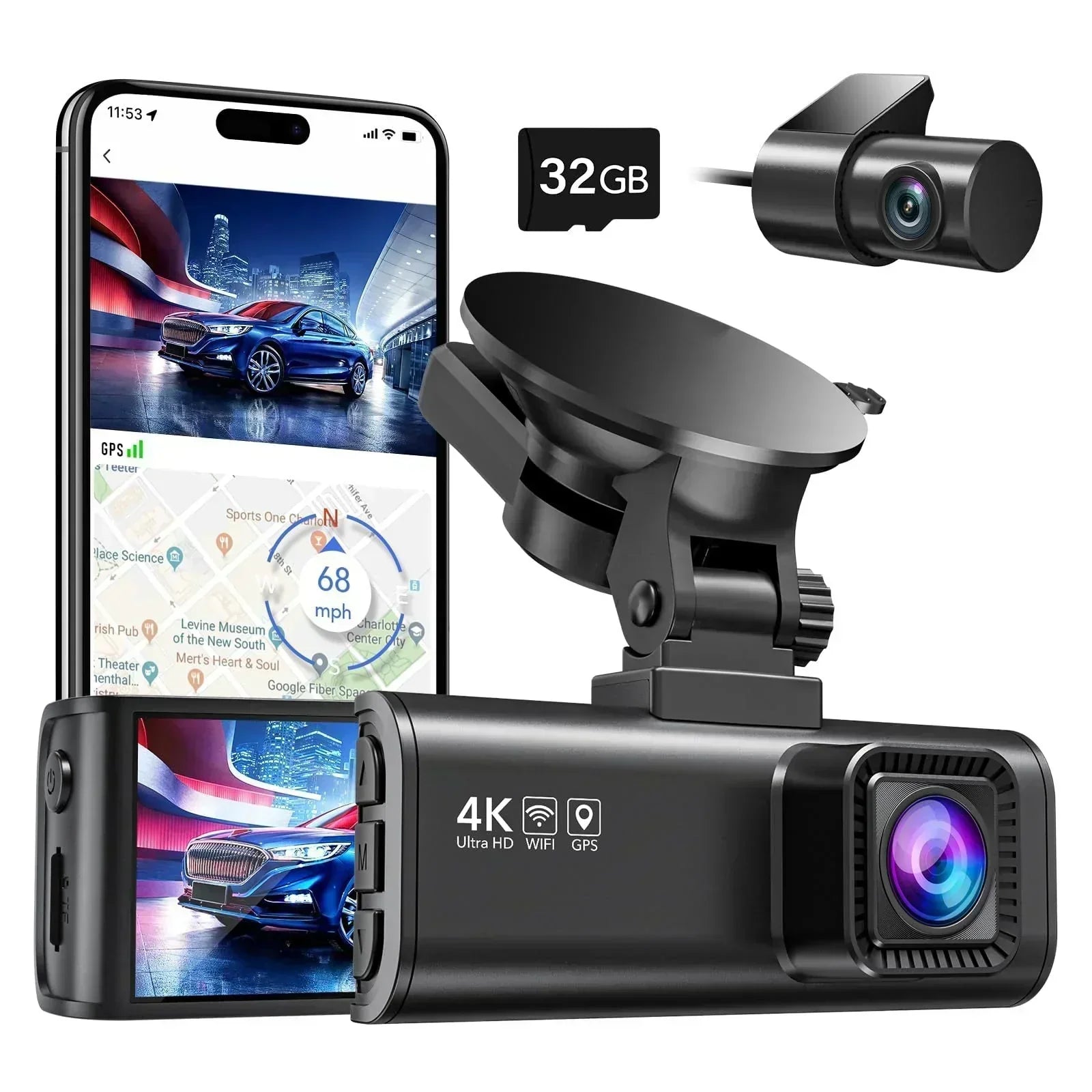Dash Cam Front Rear 4K/2.5K Full HD Dash Camera for Cars Free 32GB wourant