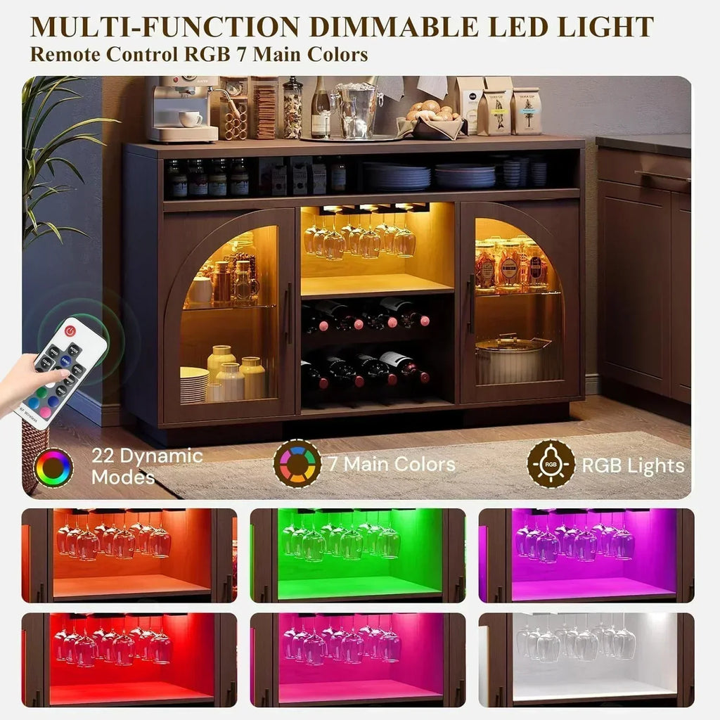 Sideboard 54-inch kitchen cabinet with LED lights and arched glass doors tall bar cabinet wourant