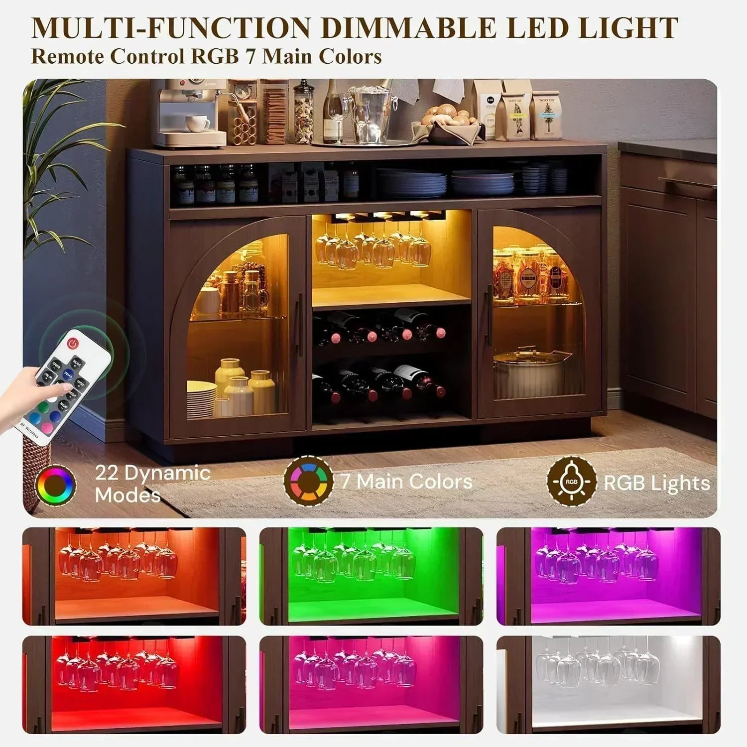 Sideboard 54-inch kitchen cabinet with LED lights and arched glass doors tall bar cabinet wourant